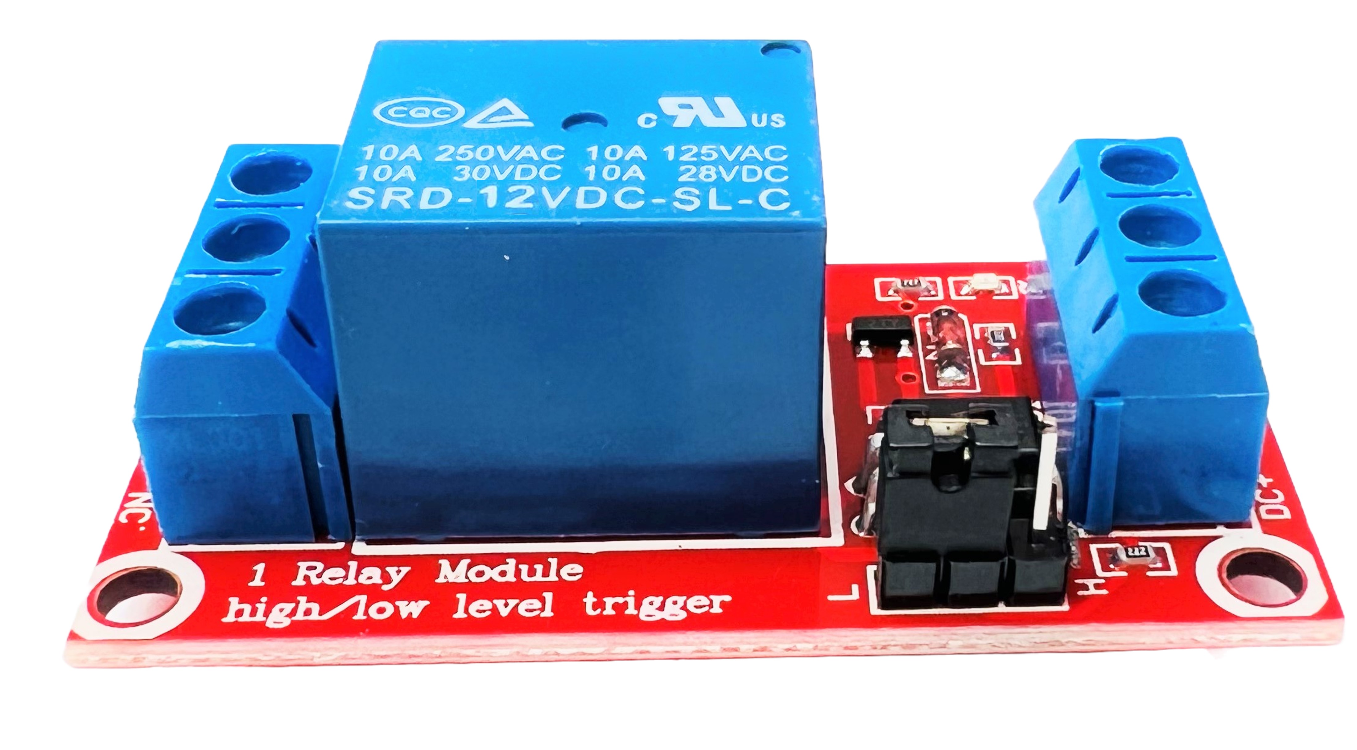 12V relay module with high low level trigger jumper selection close-up detail