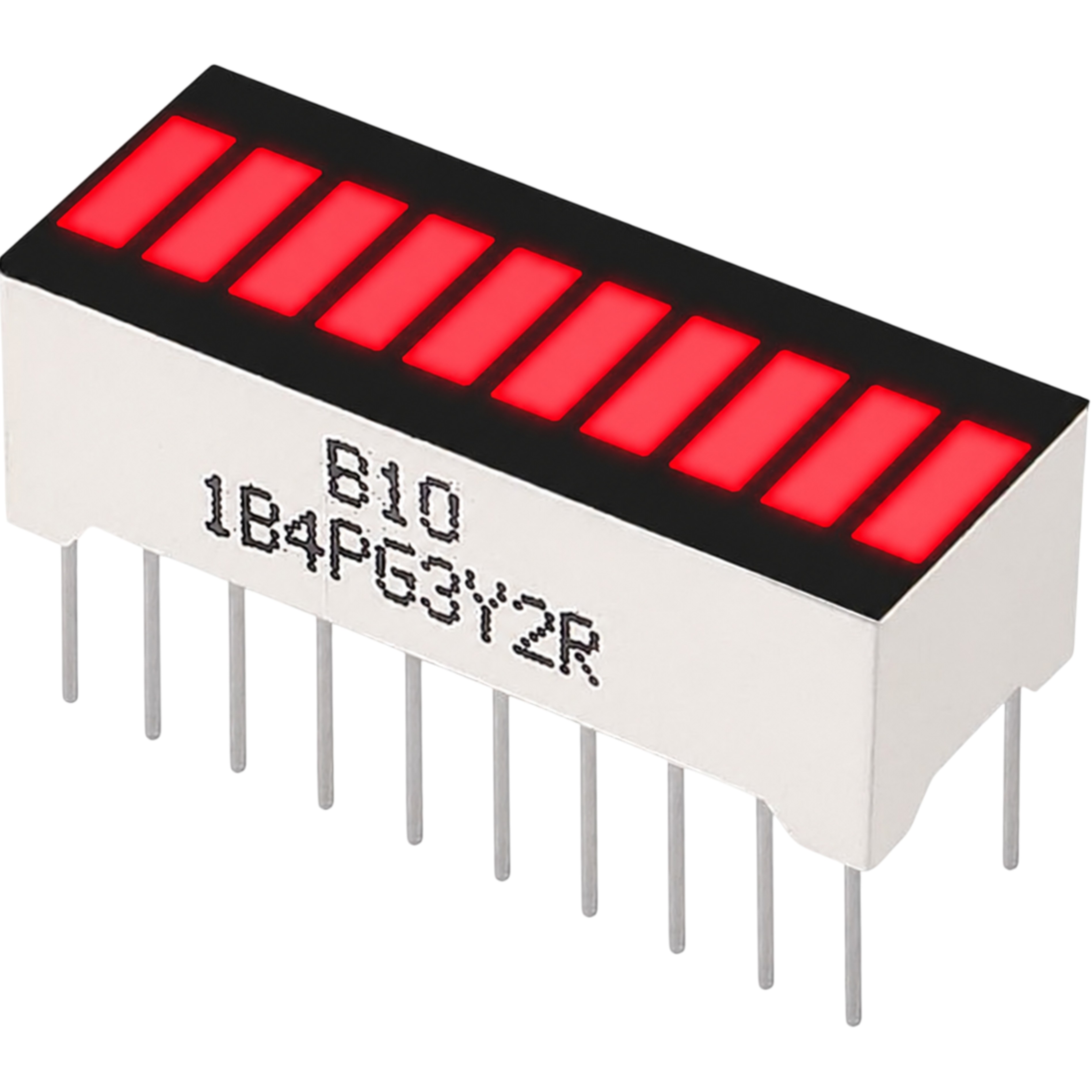 10-segment red LED bar graph display module PCB dimensions and presoldered header detail