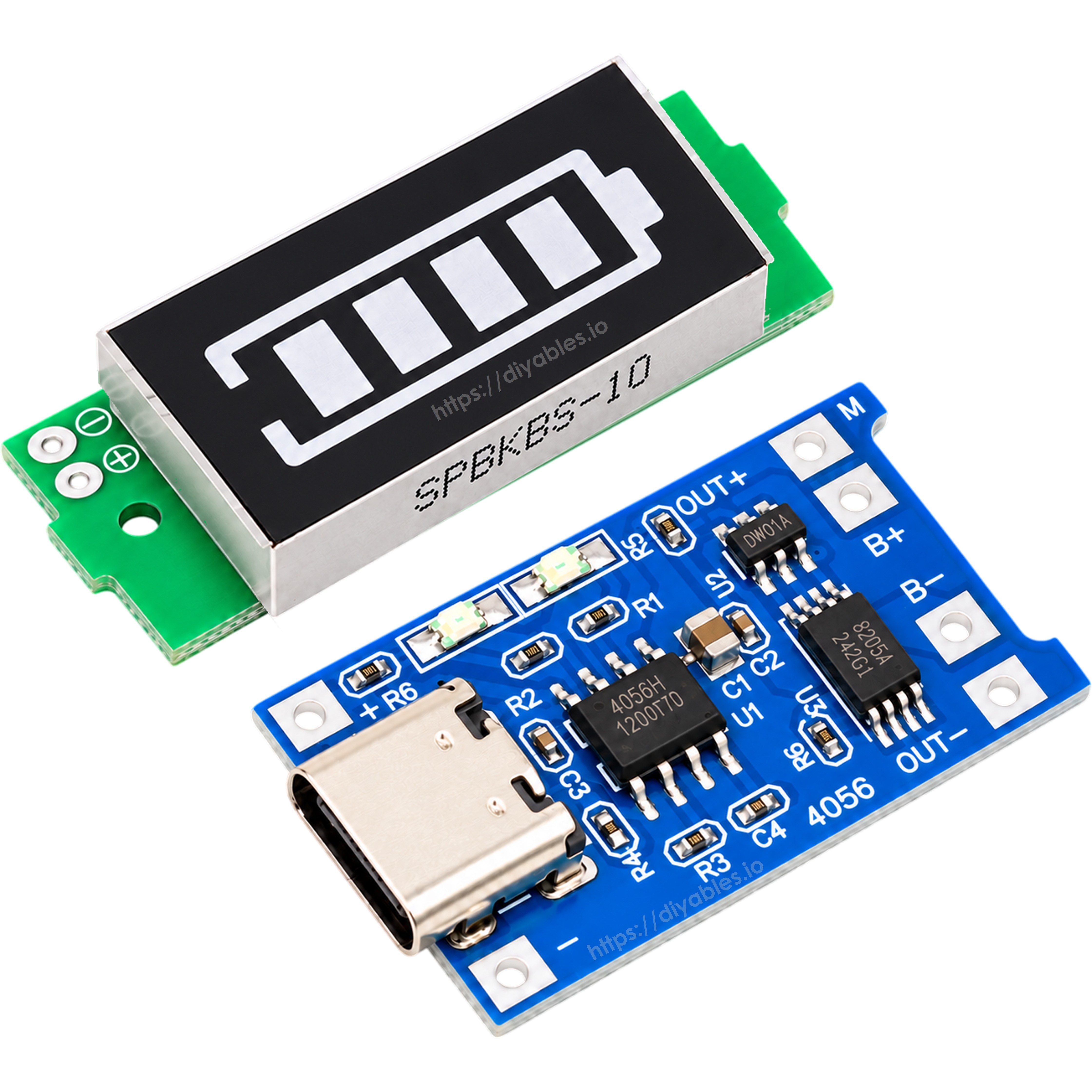 DIYables TP4056 Type-C charger board beside 3S battery capacity indicator module