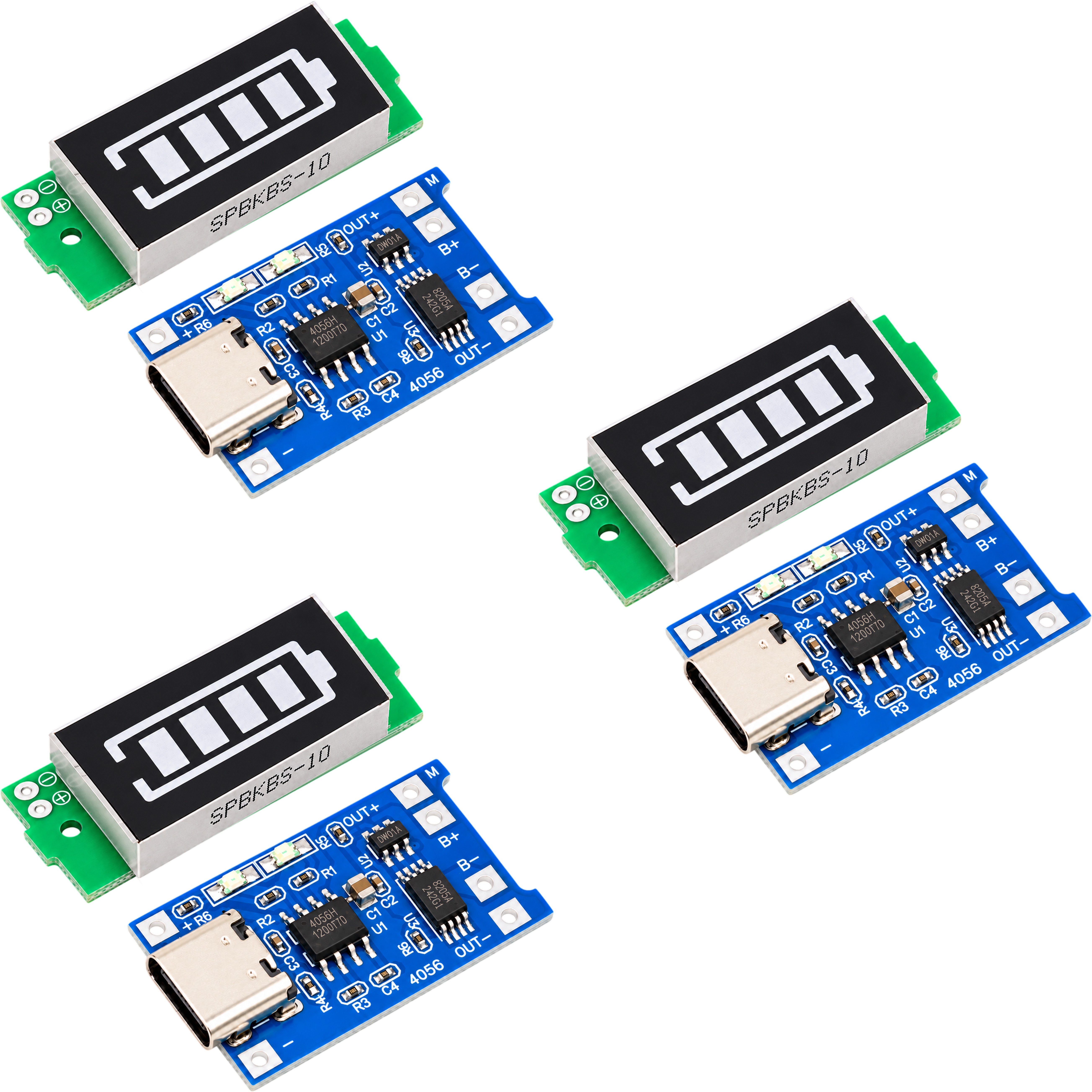 Three TP4056 Type-C charger boards with three 3S battery capacity indicator modules