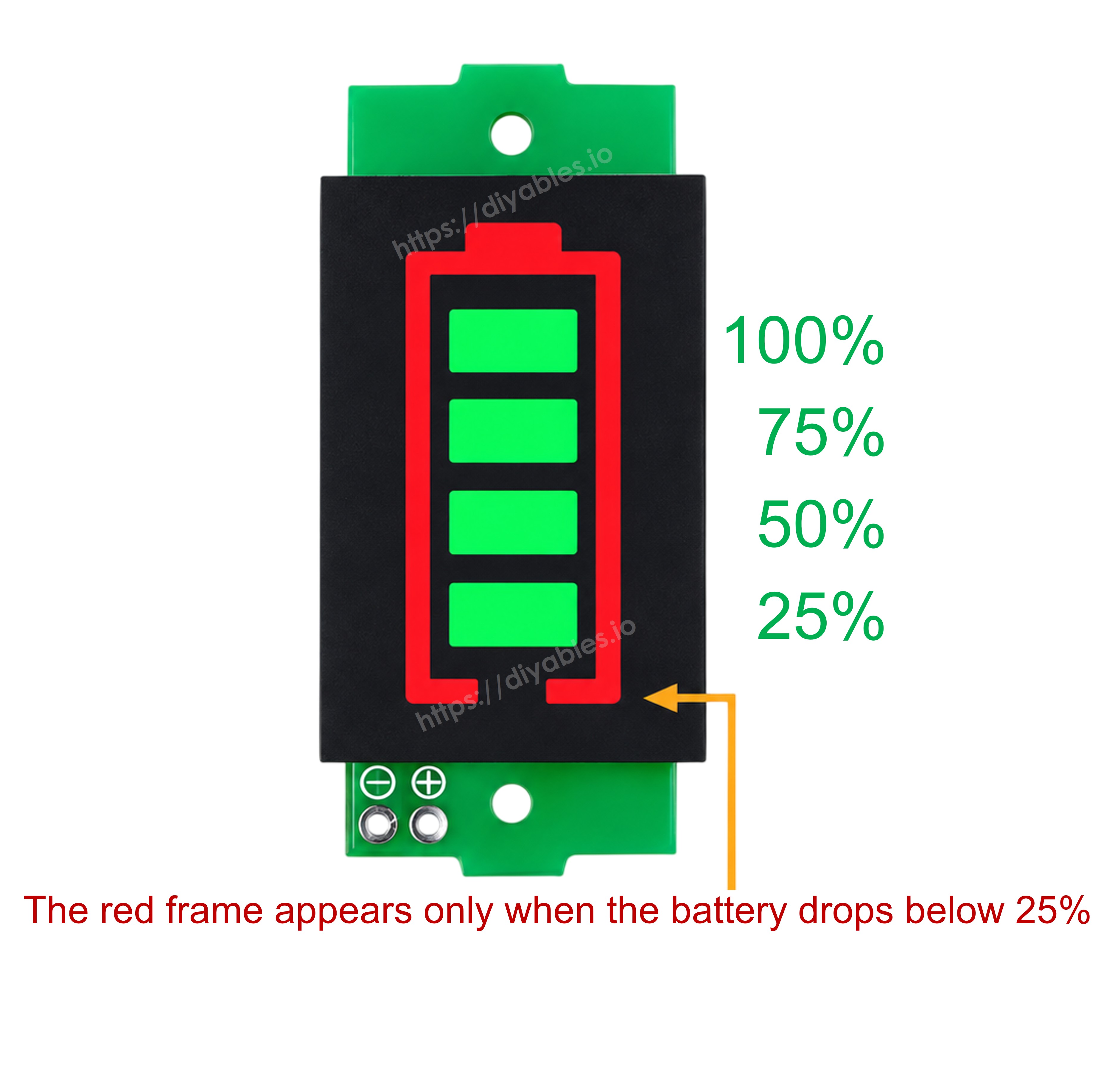 Battery capacity indicator showing 25%, 50%, 75%, 100% levels and red low-battery frame