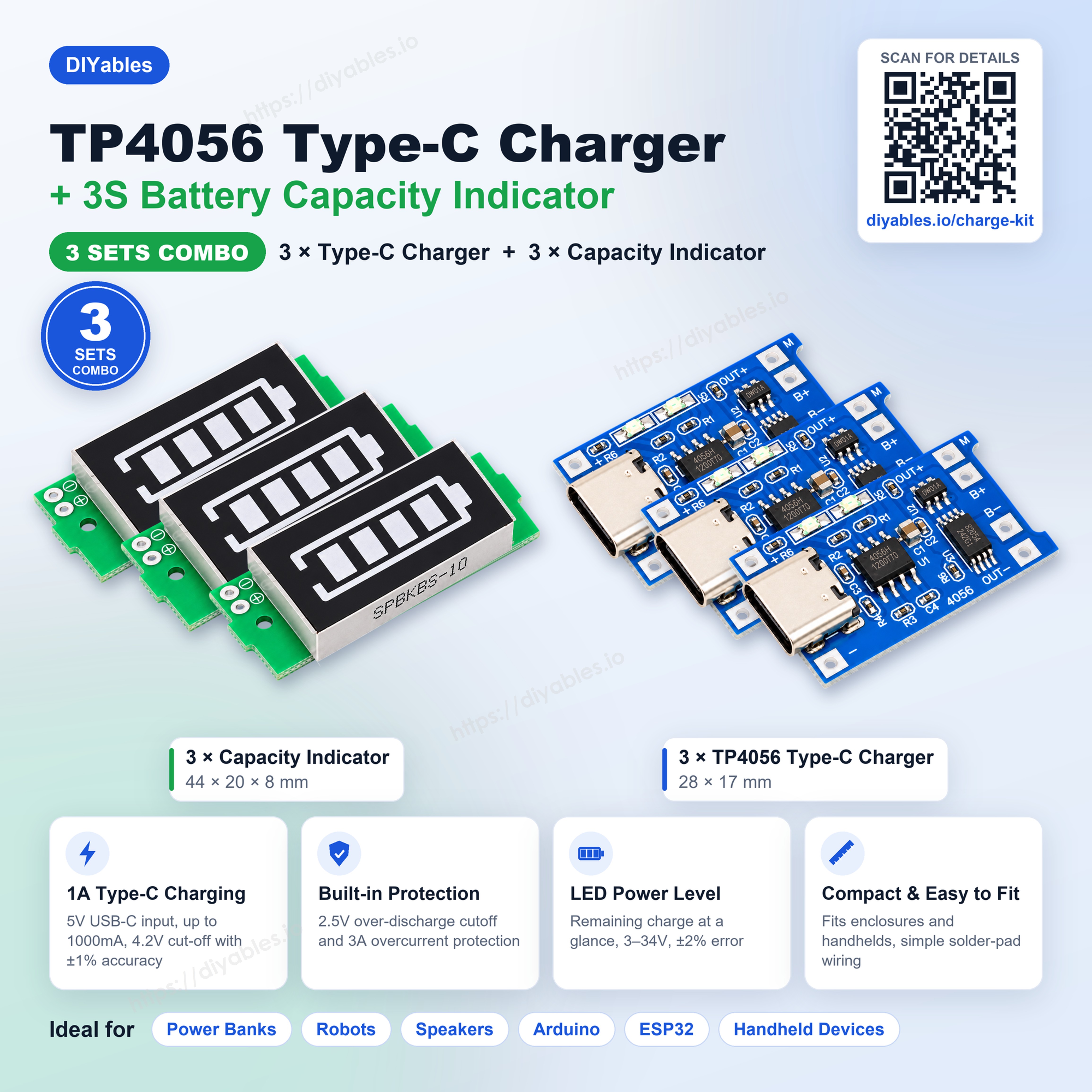 TP4056 Type-C charger and capacity indicator 3 sets combo infographic with key features