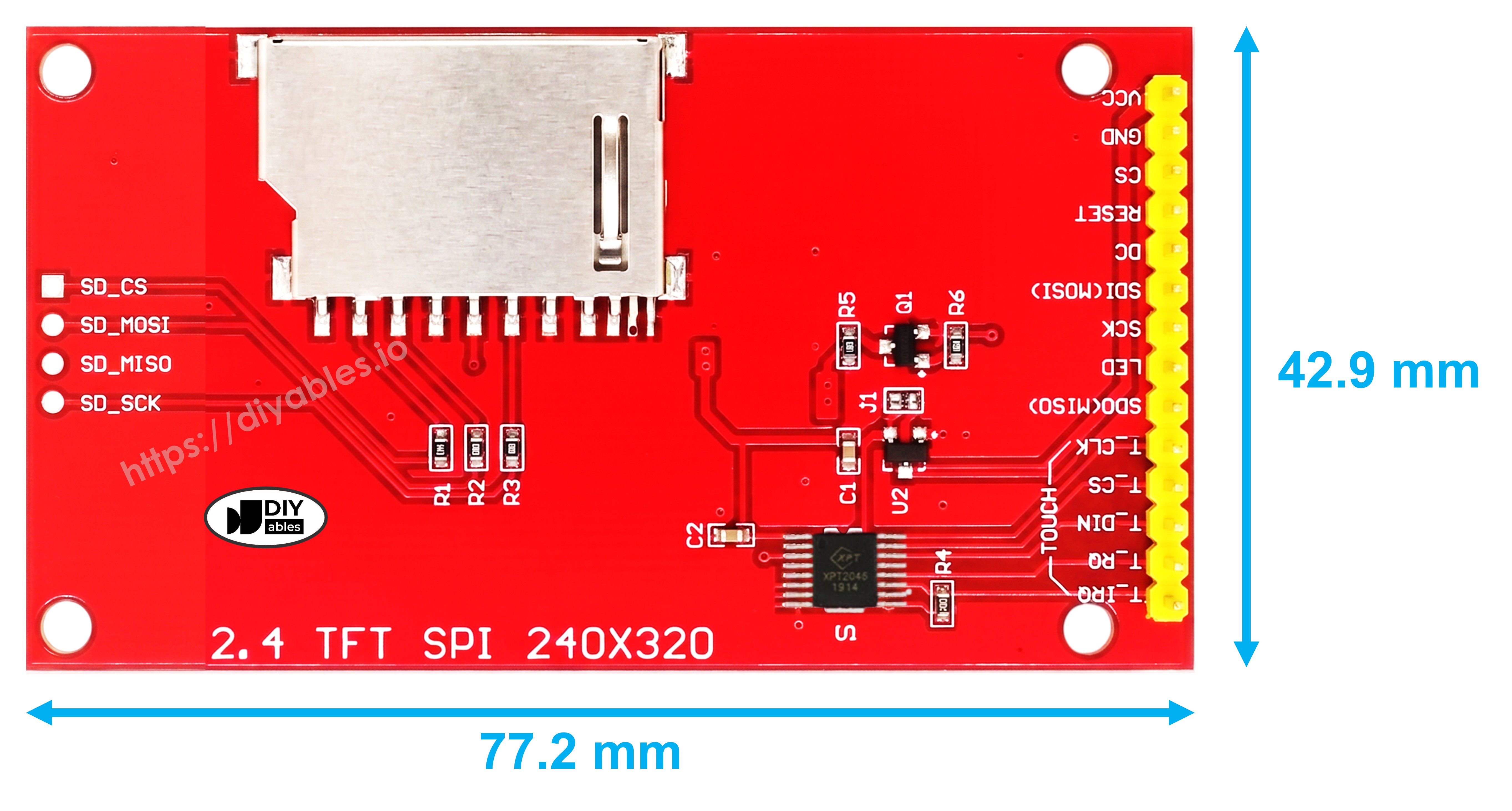 ST7789 320x240 touch TFT display pinout diagram showing SPI and touch controller connections