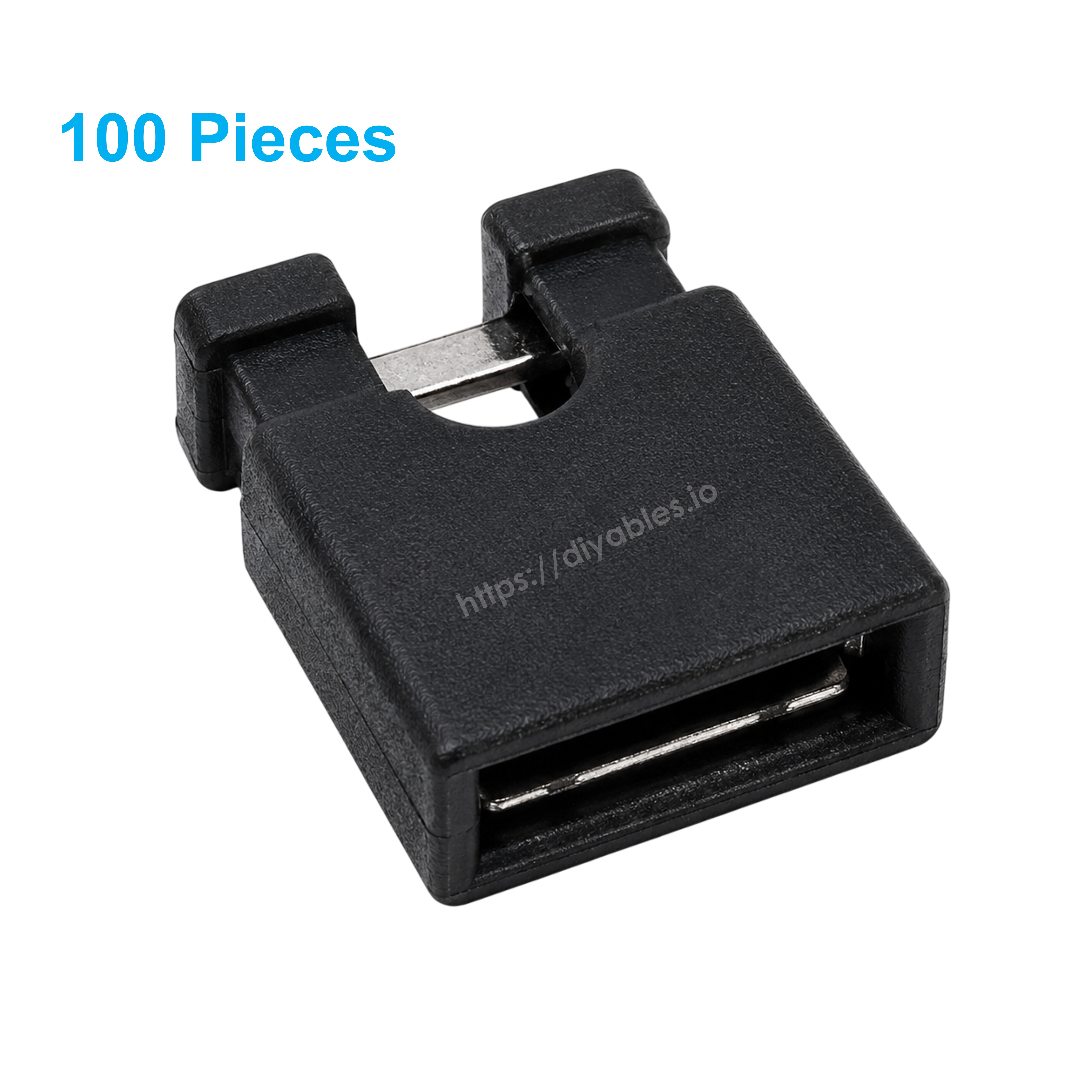 Black 2-pin jumper caps with copper alloy contacts close-up detail for ESP32 Arduino