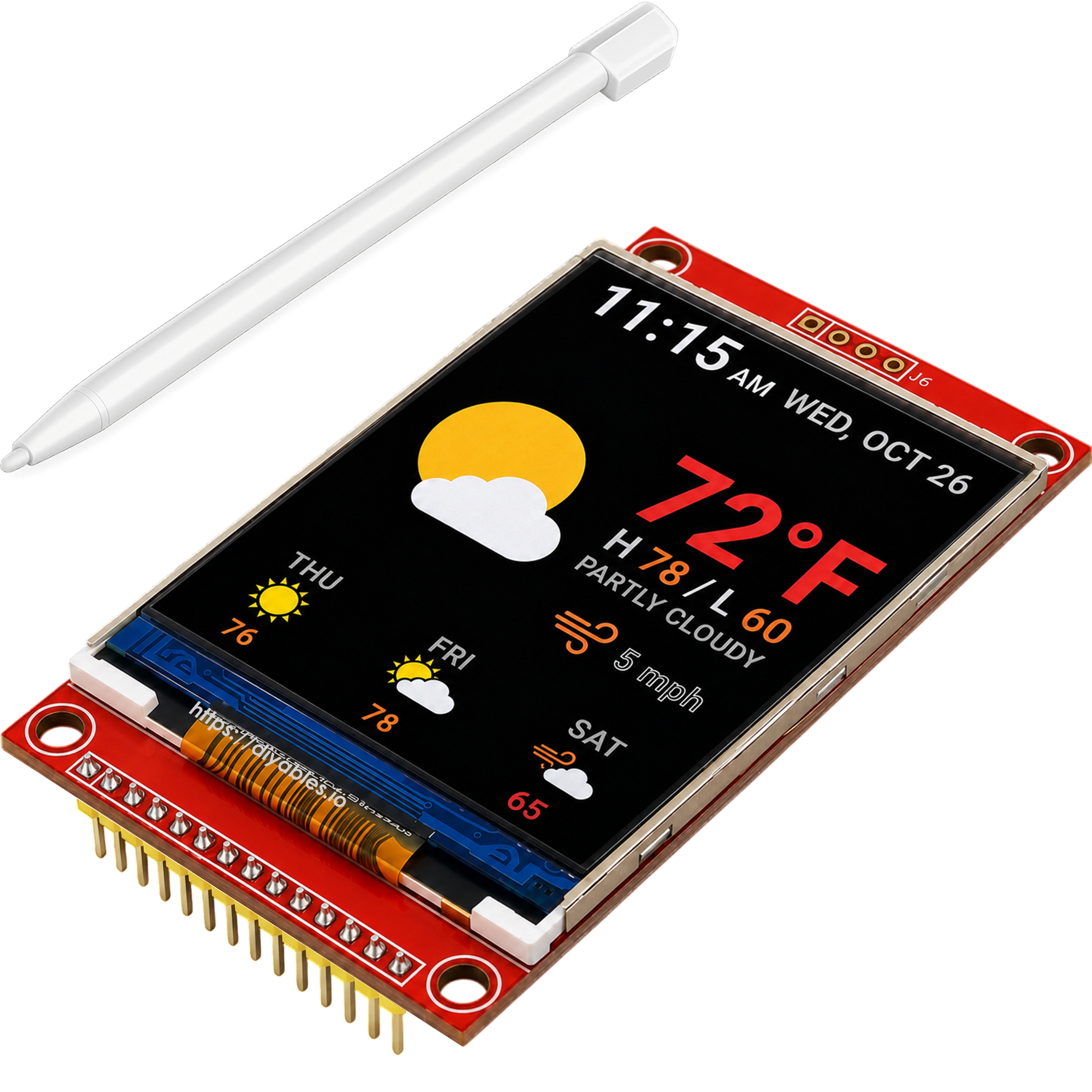 2.8 inch TFT LCD touch screen display module ST7789 240x320 SPI with touch stylus and colorful weather app graphics