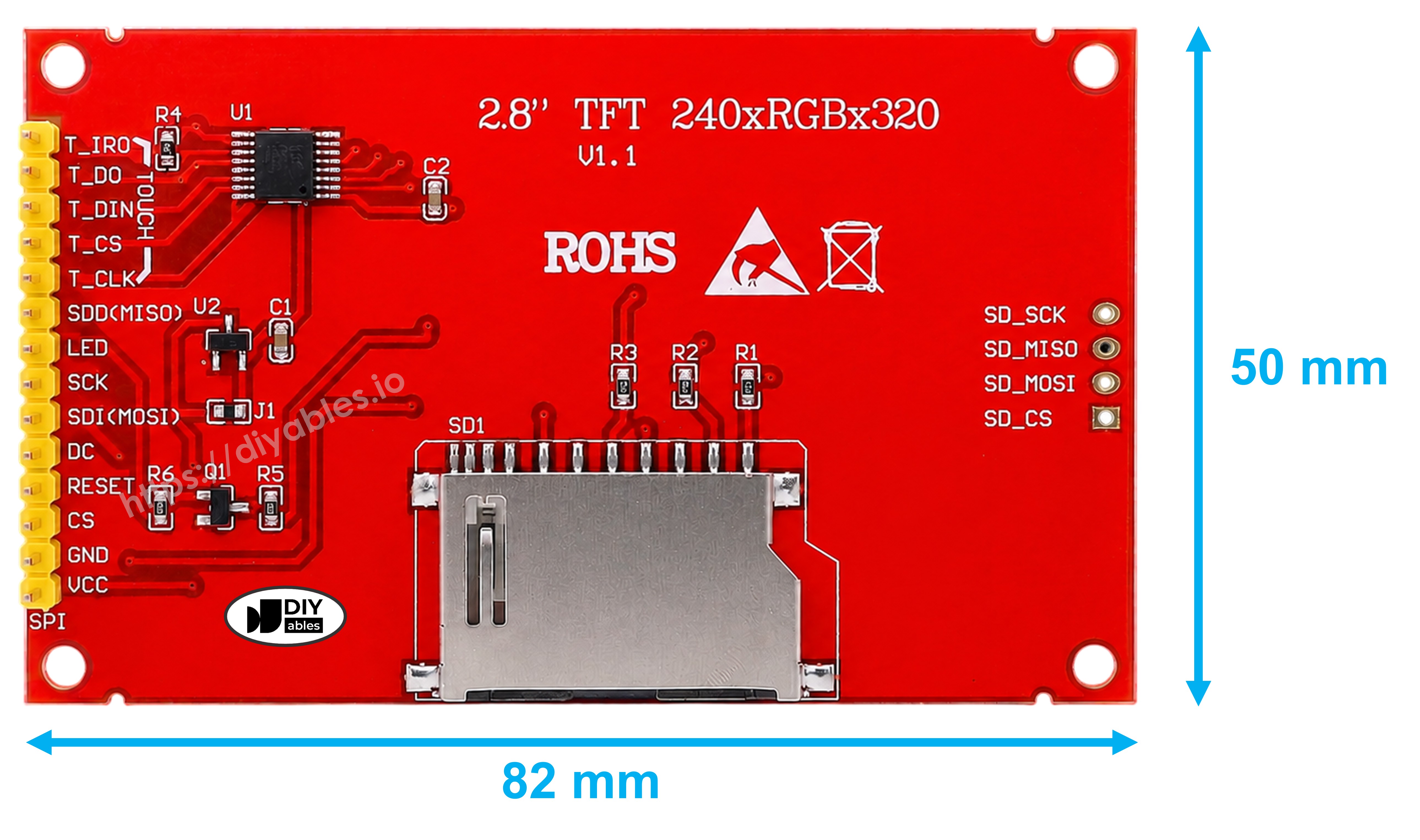 2.8 inch TFT LCD touch screen display module back view showing touch controller SPI and SD card pin labels with 82mm x 50mm dimensions