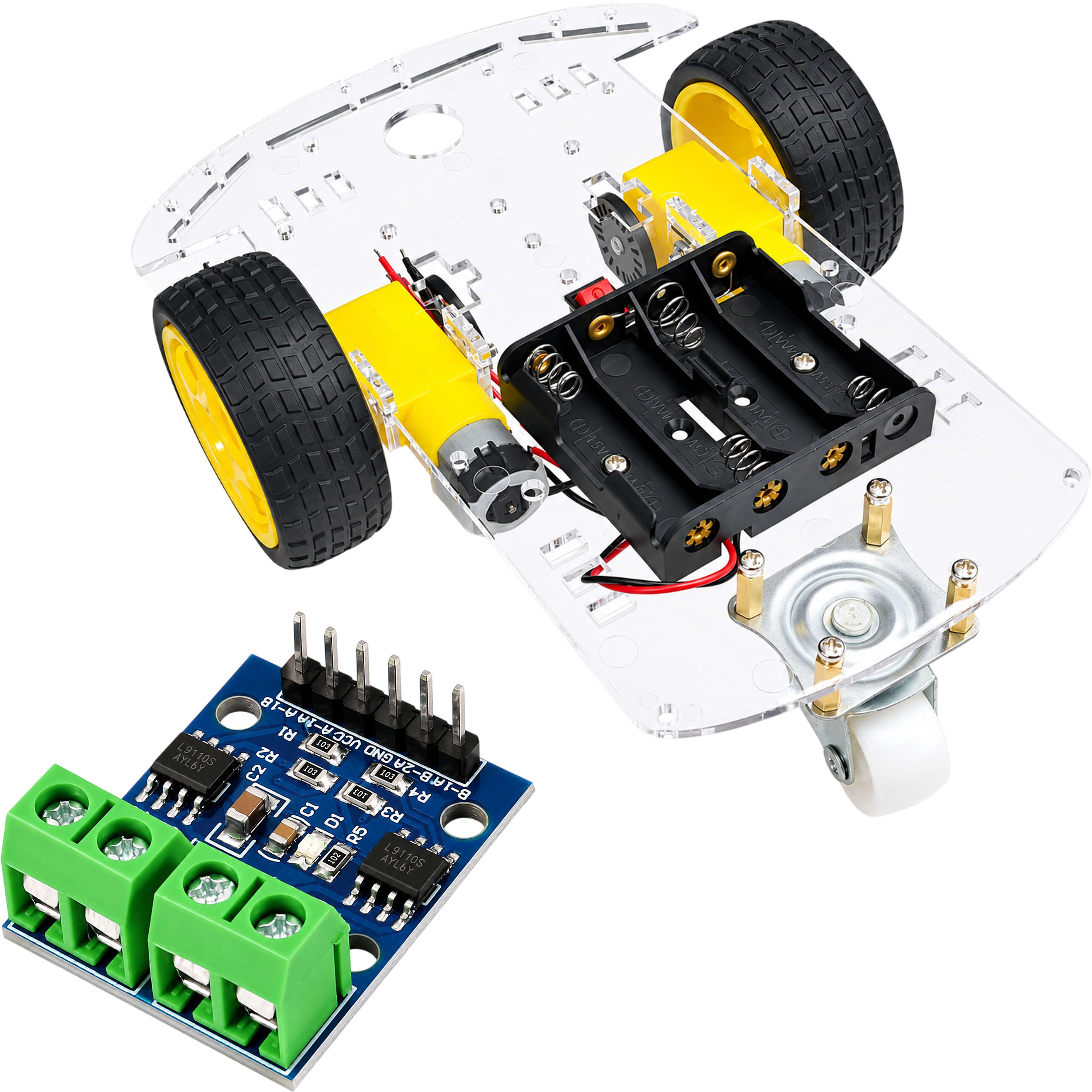 DIYables 2WD robot car chassis kit disassembled view with dual DC motors battery holder and motor driver board
