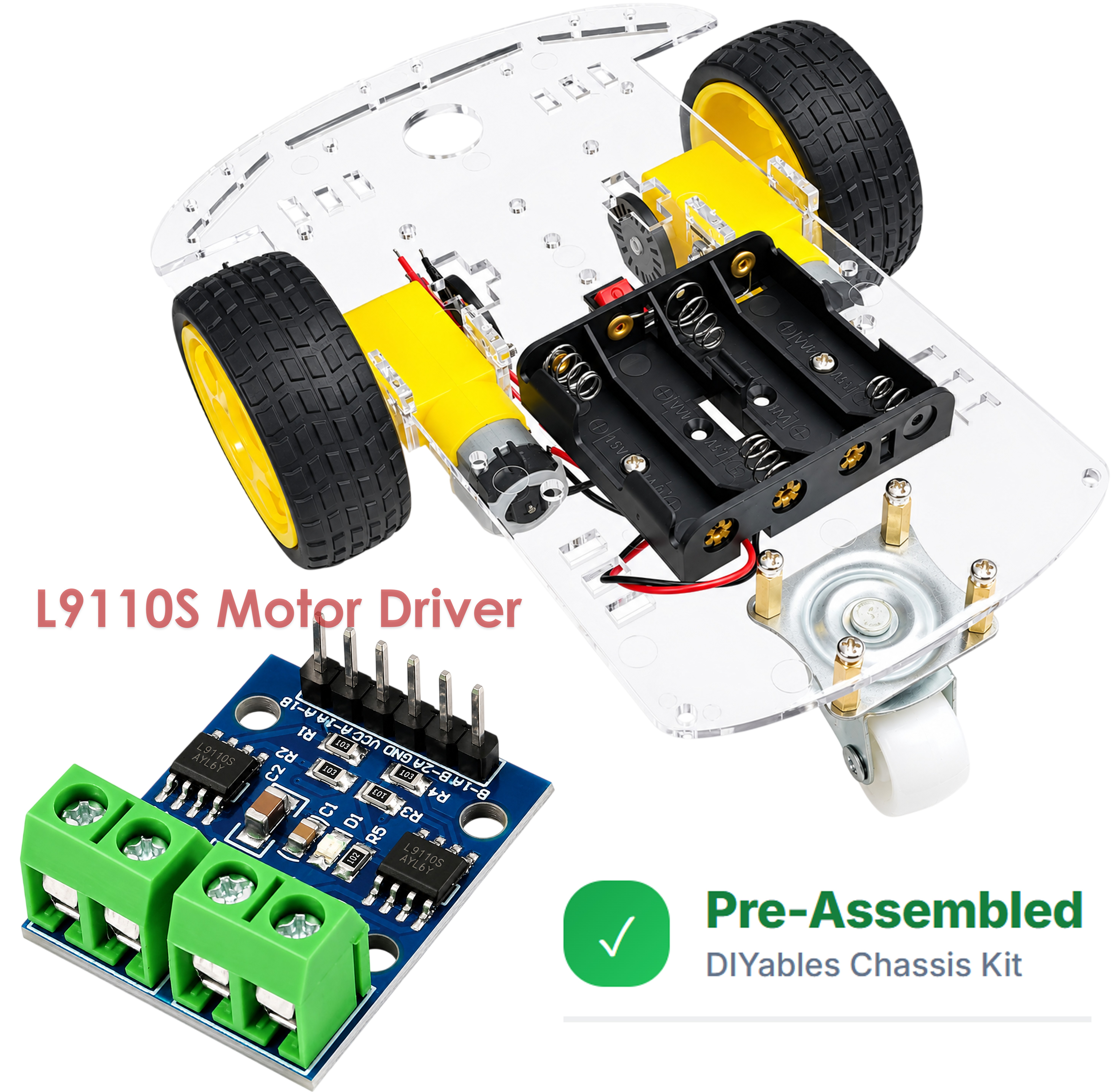 2WD smart robot car chassis kit assembled with dual motor driver board and pre-assembled badge