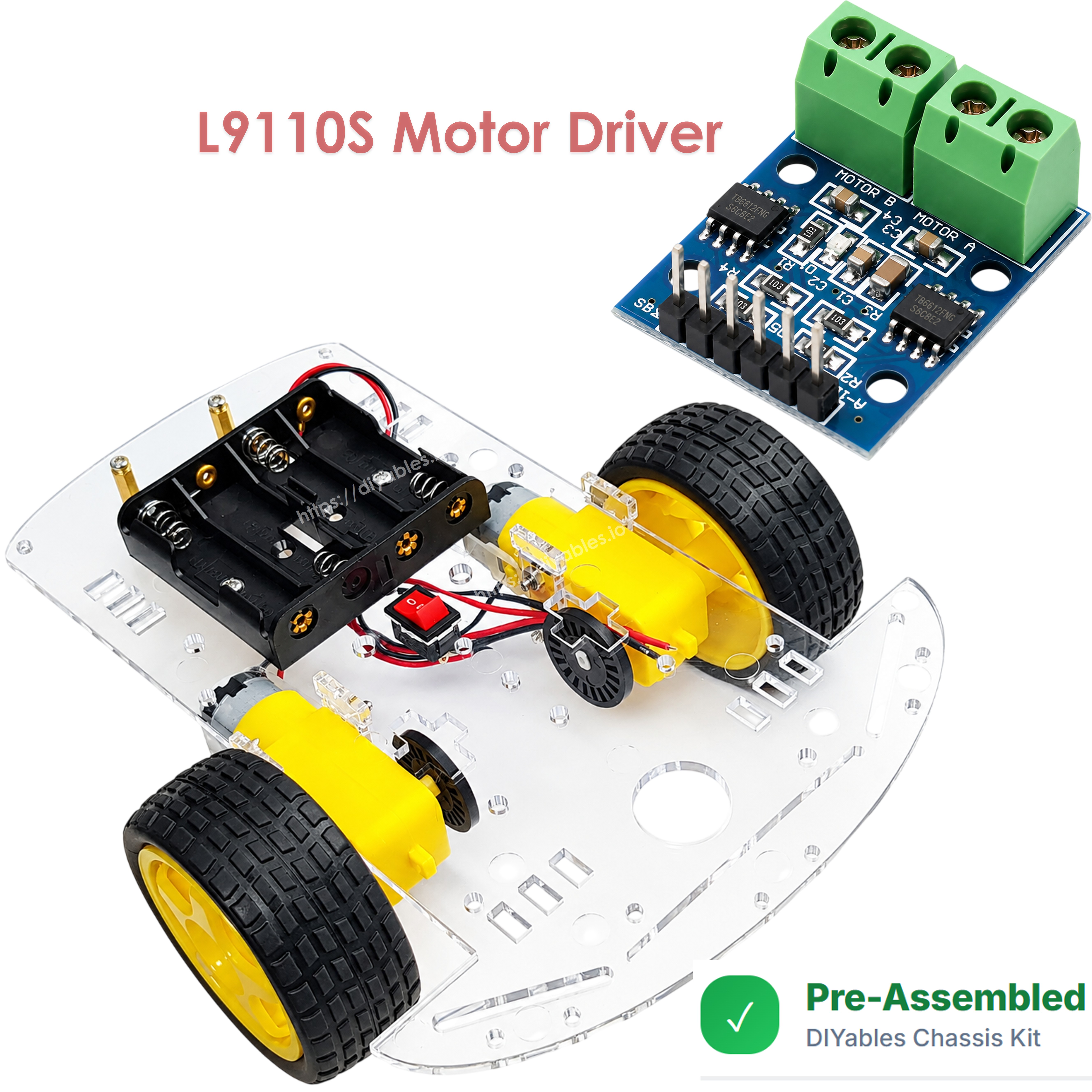 2WD robot car chassis kit top view with dual motor driver board screw terminals and pre-assembled badge
