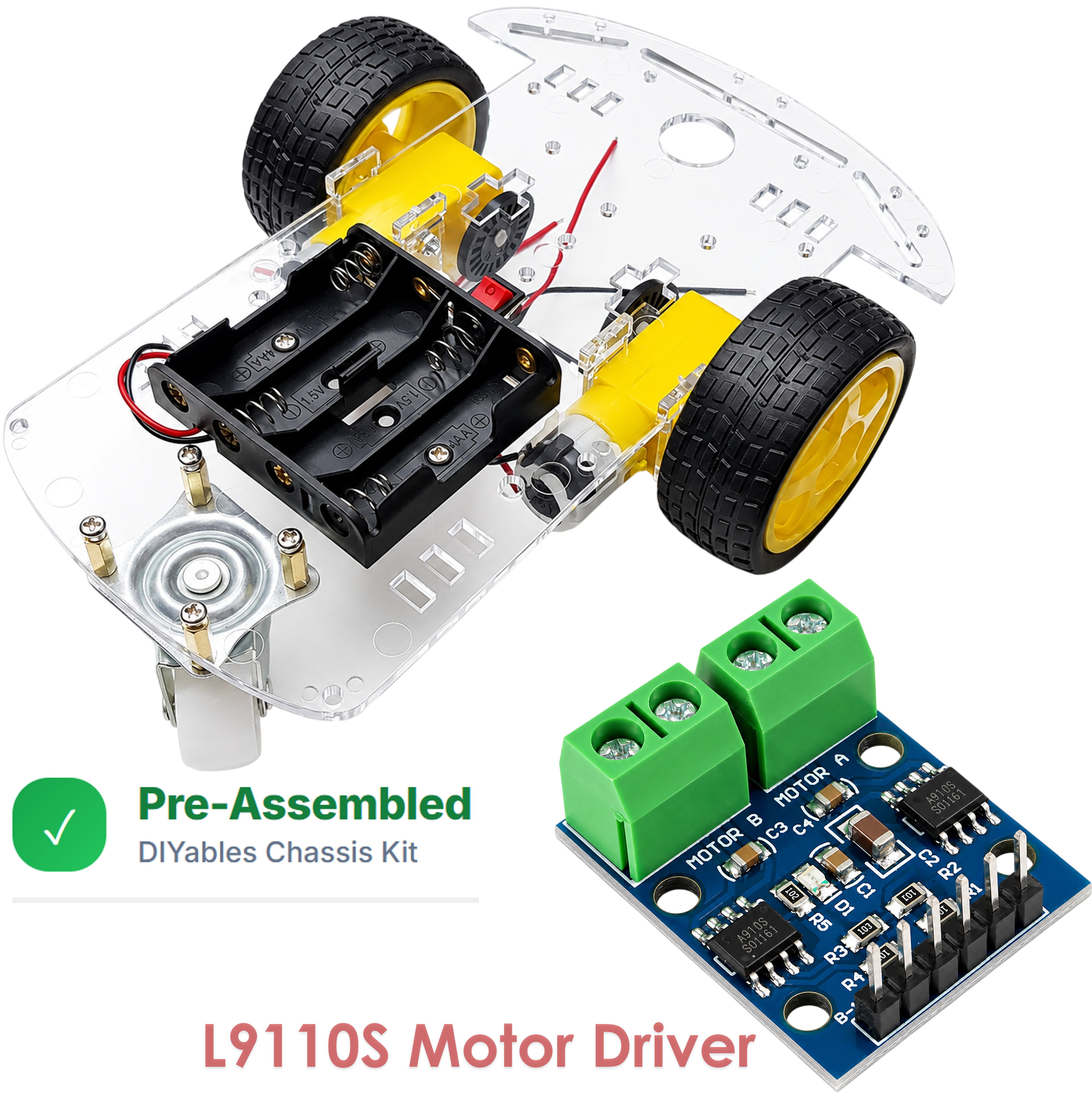2WD robot car chassis kit angled view with dual motor driver board and pre-assembled DIYables badge