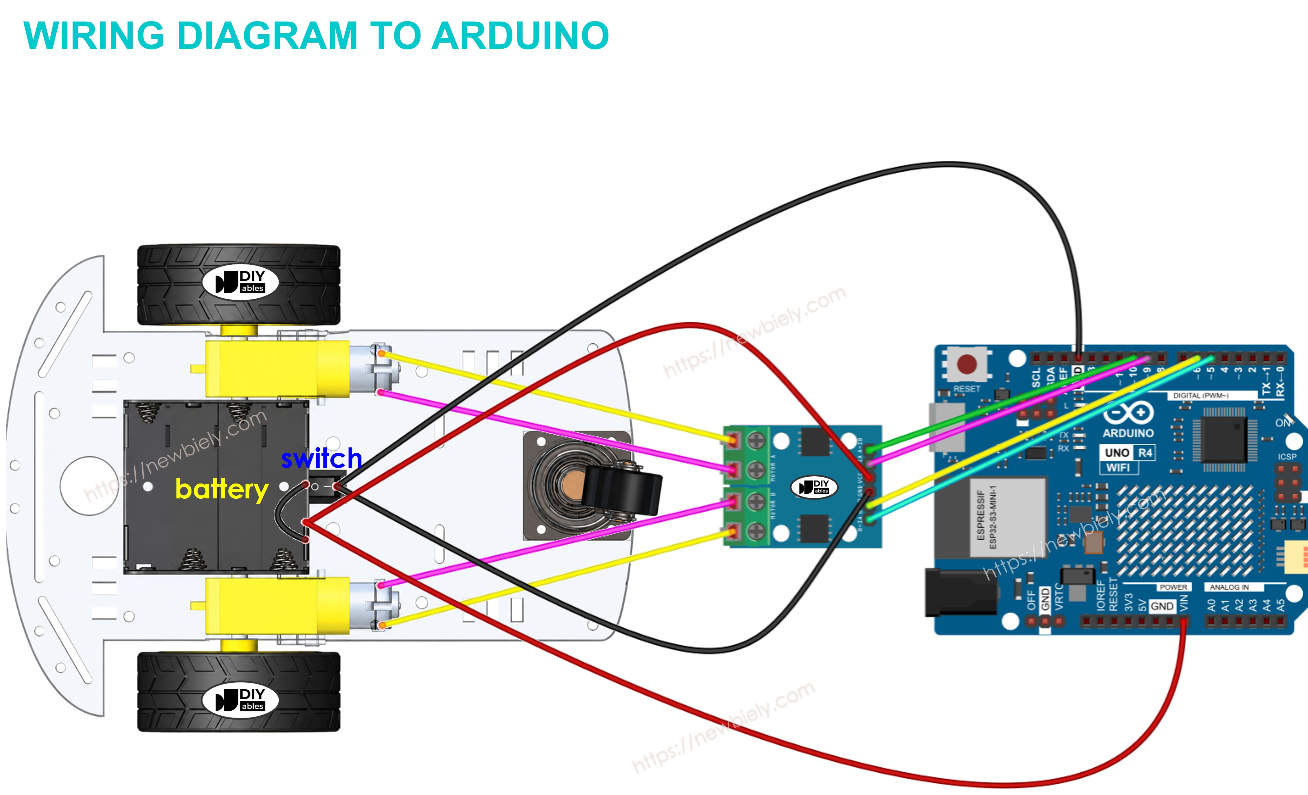 2WD smart robot car chassis kit wiring diagram connected to Arduino Uno R4 WiFi board