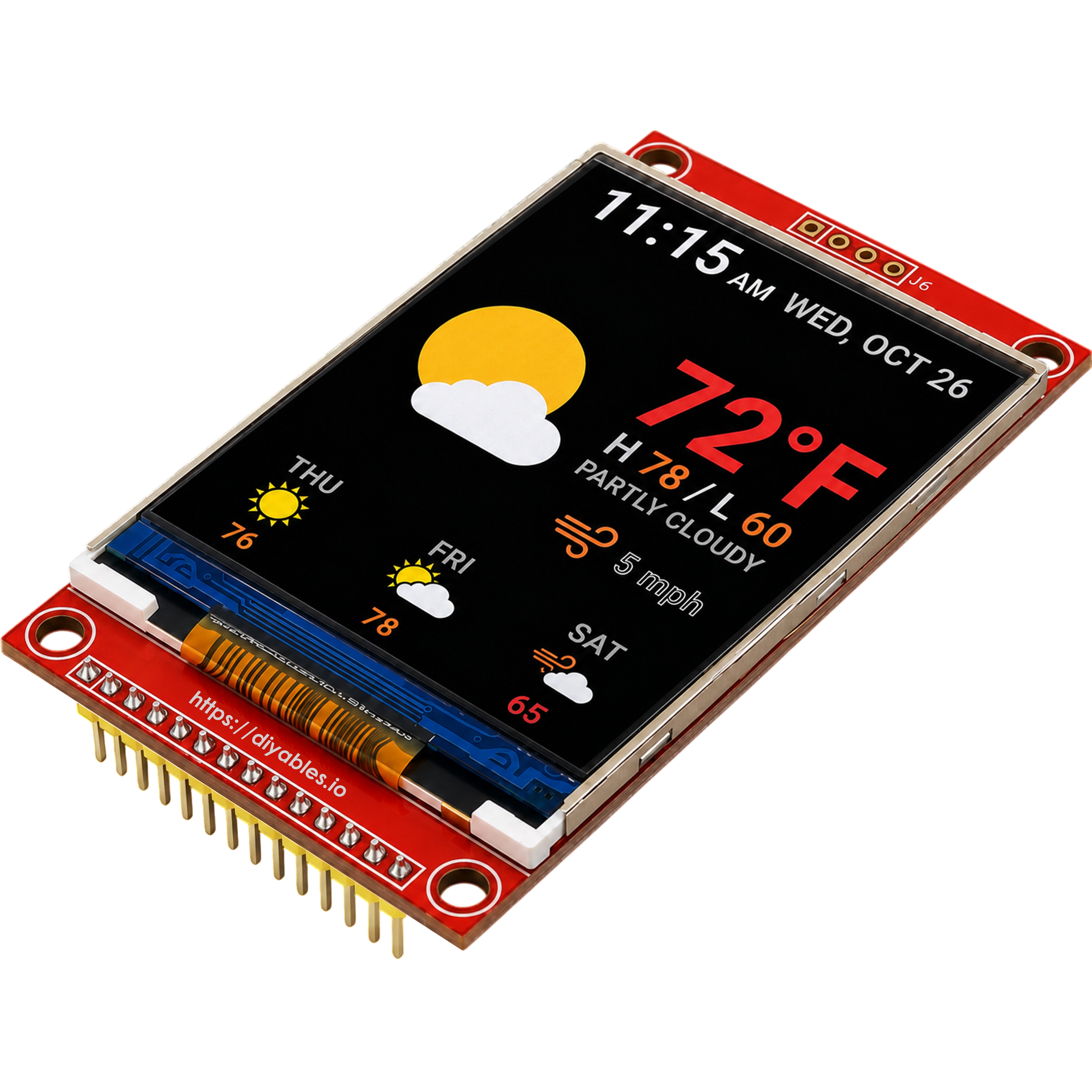 DIYables 3.2 inch TFT LCD SPI display module showing a color weather dashboard on screen