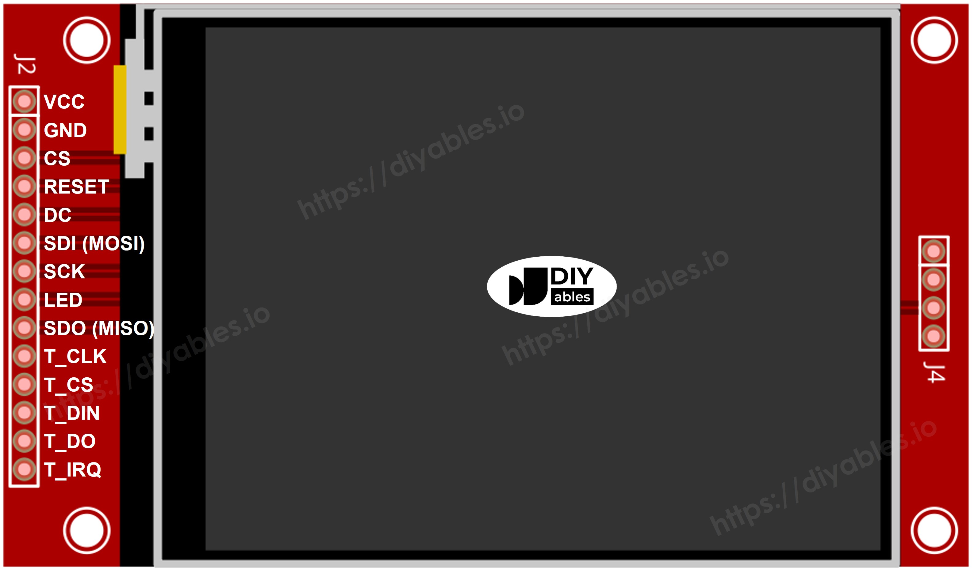 Front pinout diagram labeling VCC, GND, CS, RESET, DC, SDI, SCK, LED and SDO pins