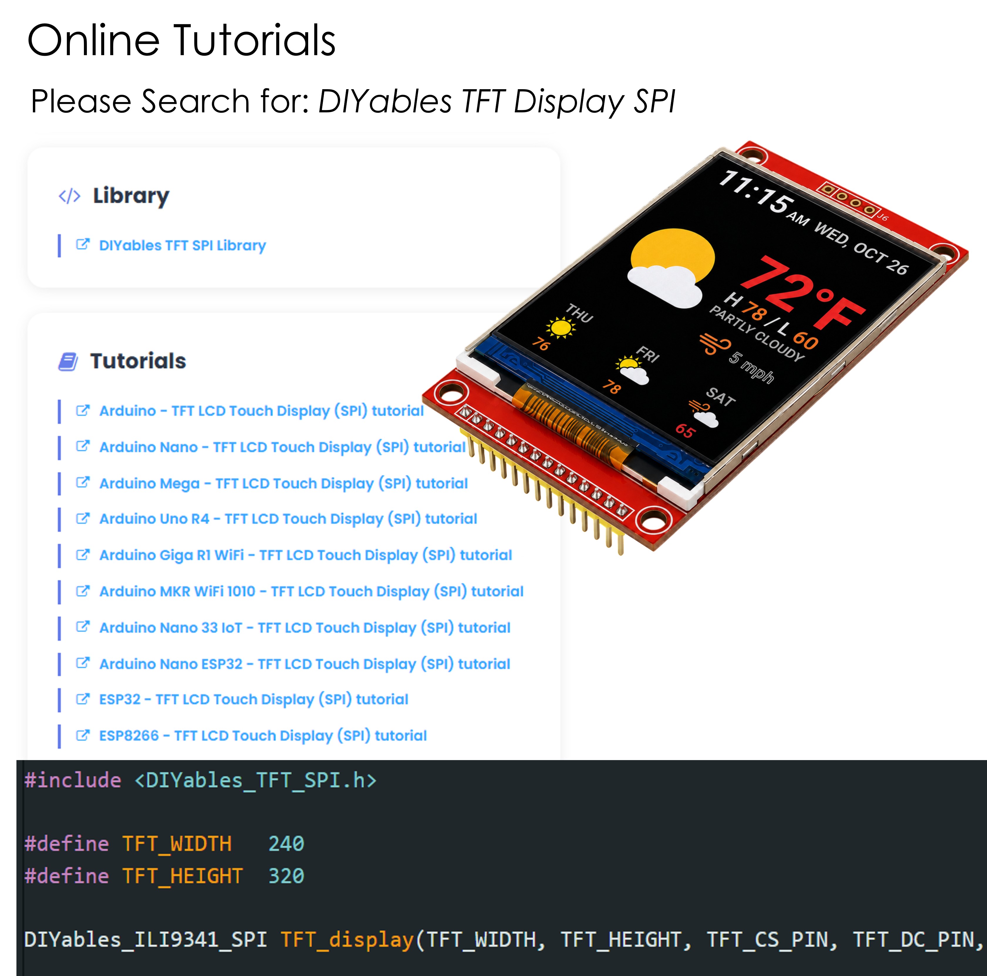 Online tutorials graphic listing the DIYables TFT SPI library and Arduino and ESP32 guides