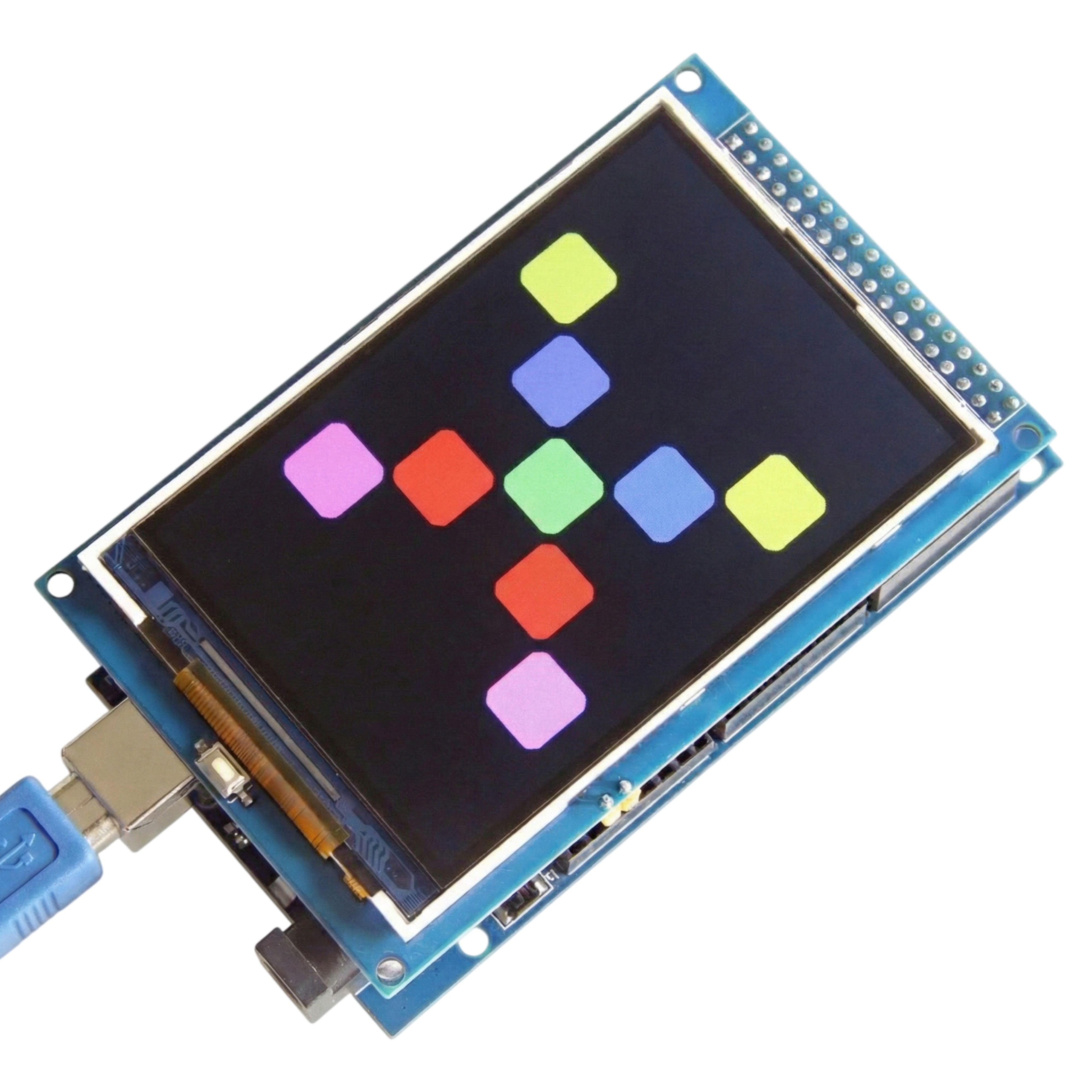 3.5-inch TFT LCD color display connected to Arduino Mega 2560 showing graphics demonstration