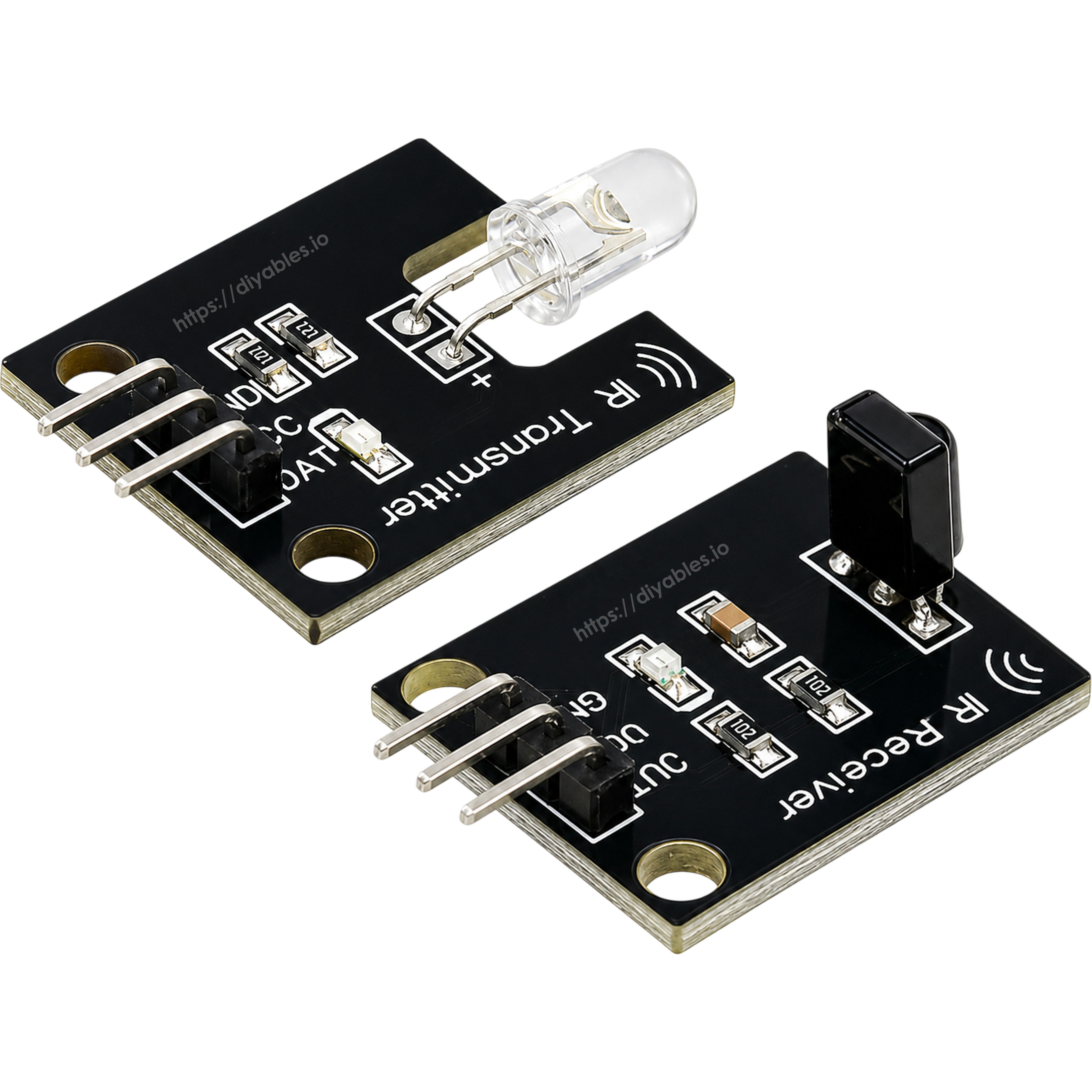 IR transmitter and receiver module pair showing IR LED phototransistor and 3-pin DAT VCC GND headers