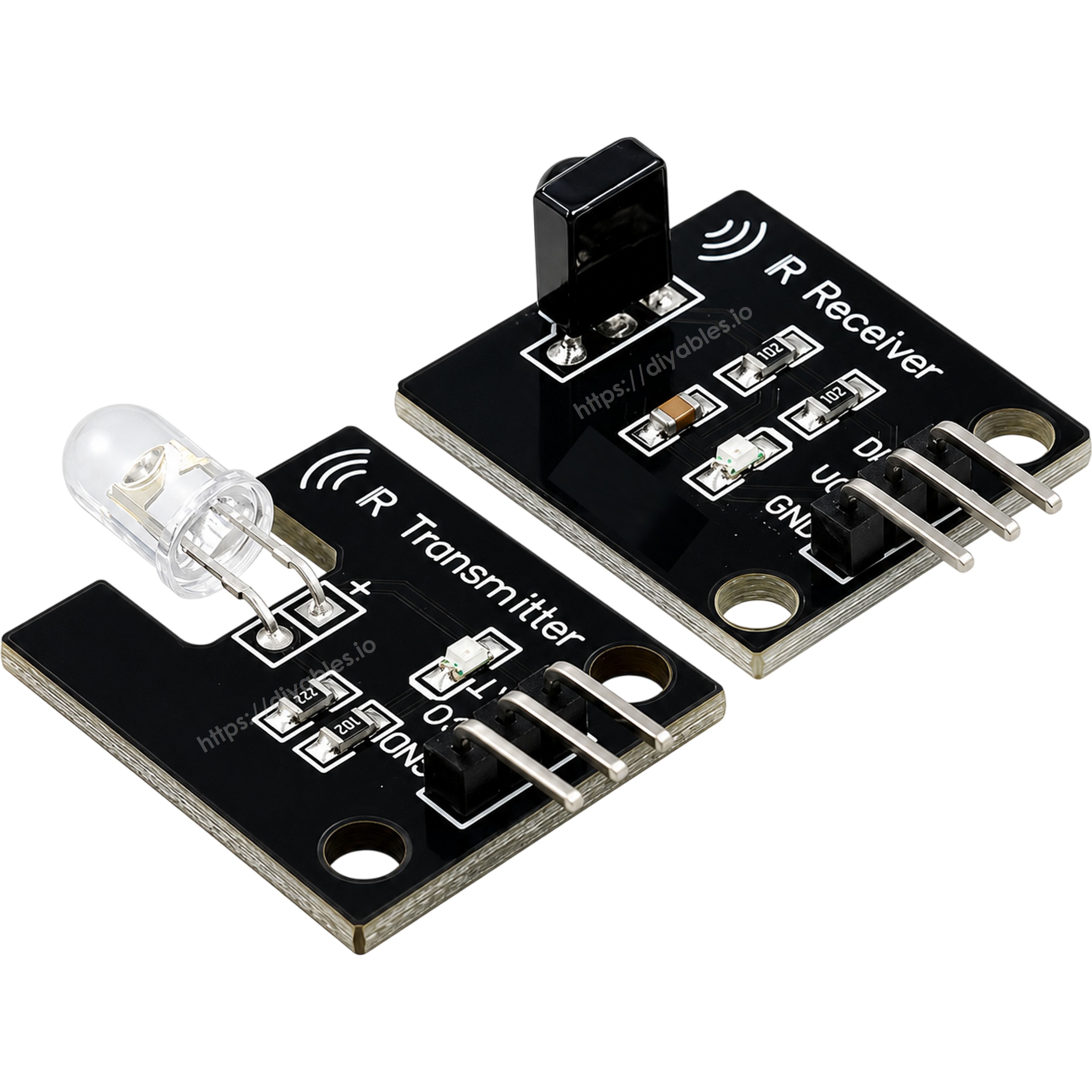 IR transmitter and receiver modules side by side showing pin labels and mounting holes