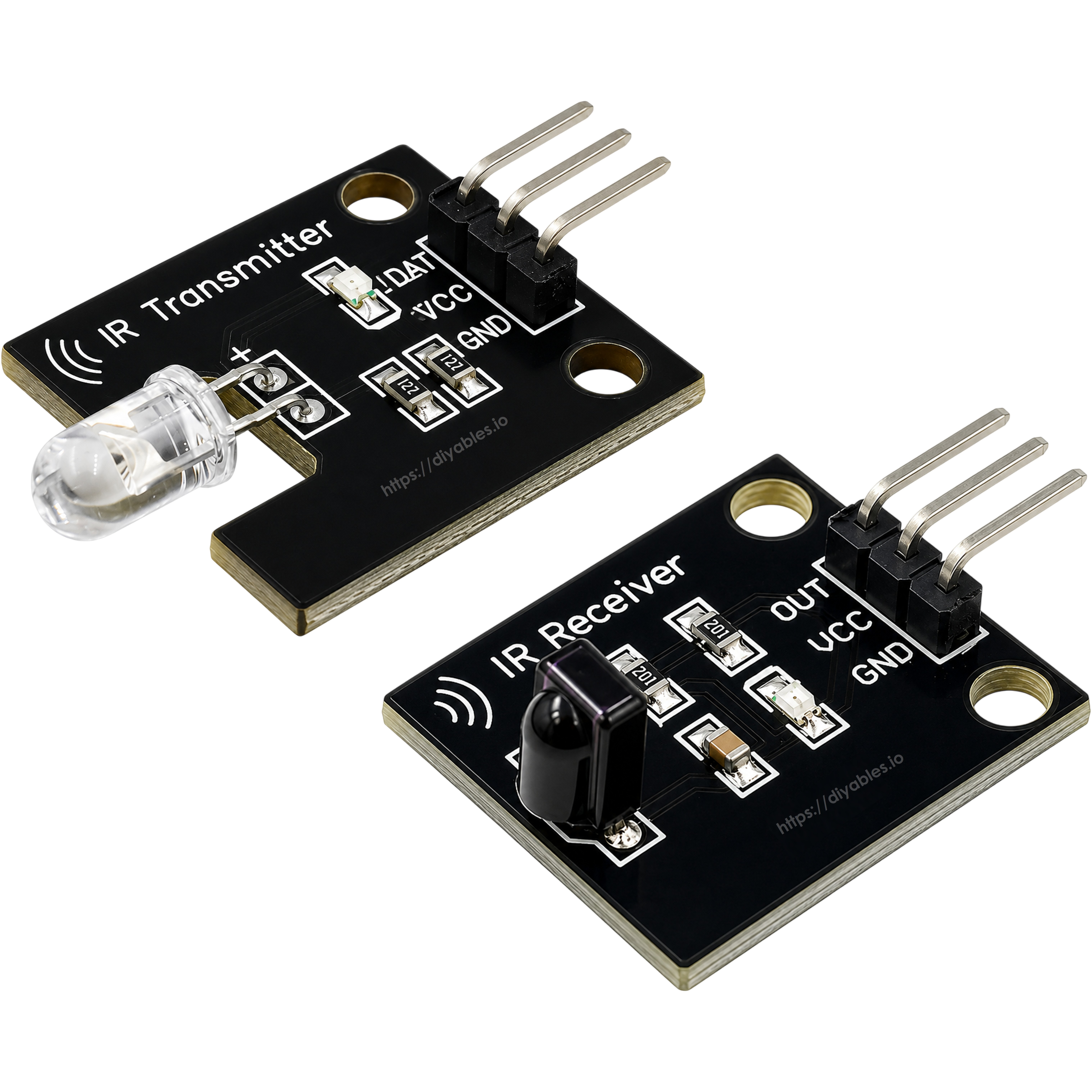 IR transmitter and receiver modules close-up showing 3-pin headers labeled DAT OUT VCC GND