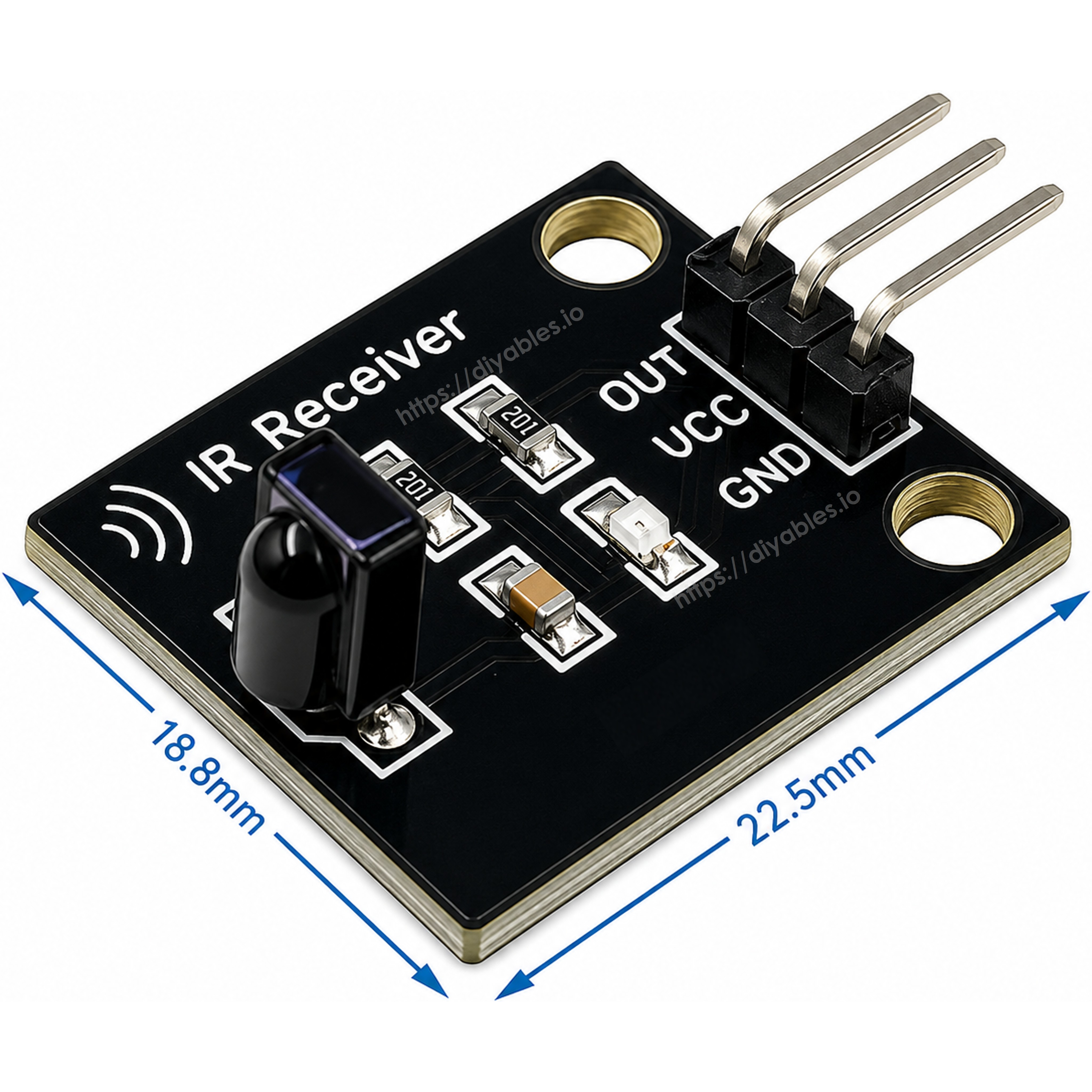 IR receiver module dimensions showing 18.8mm by 22.5mm PCB size with OUT VCC GND pin labels
