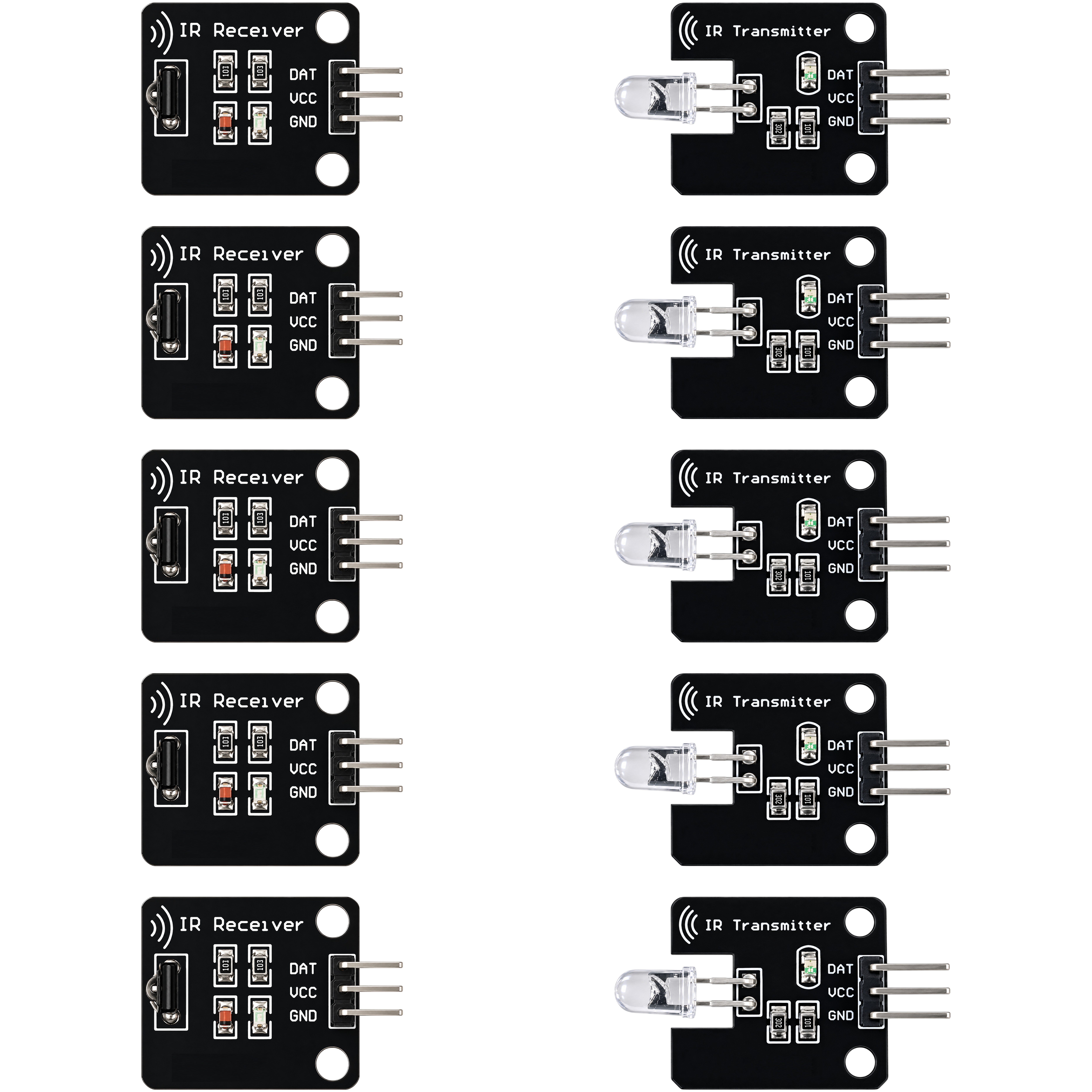 Five IR receiver modules and five IR transmitter modules included in the 5-set kit