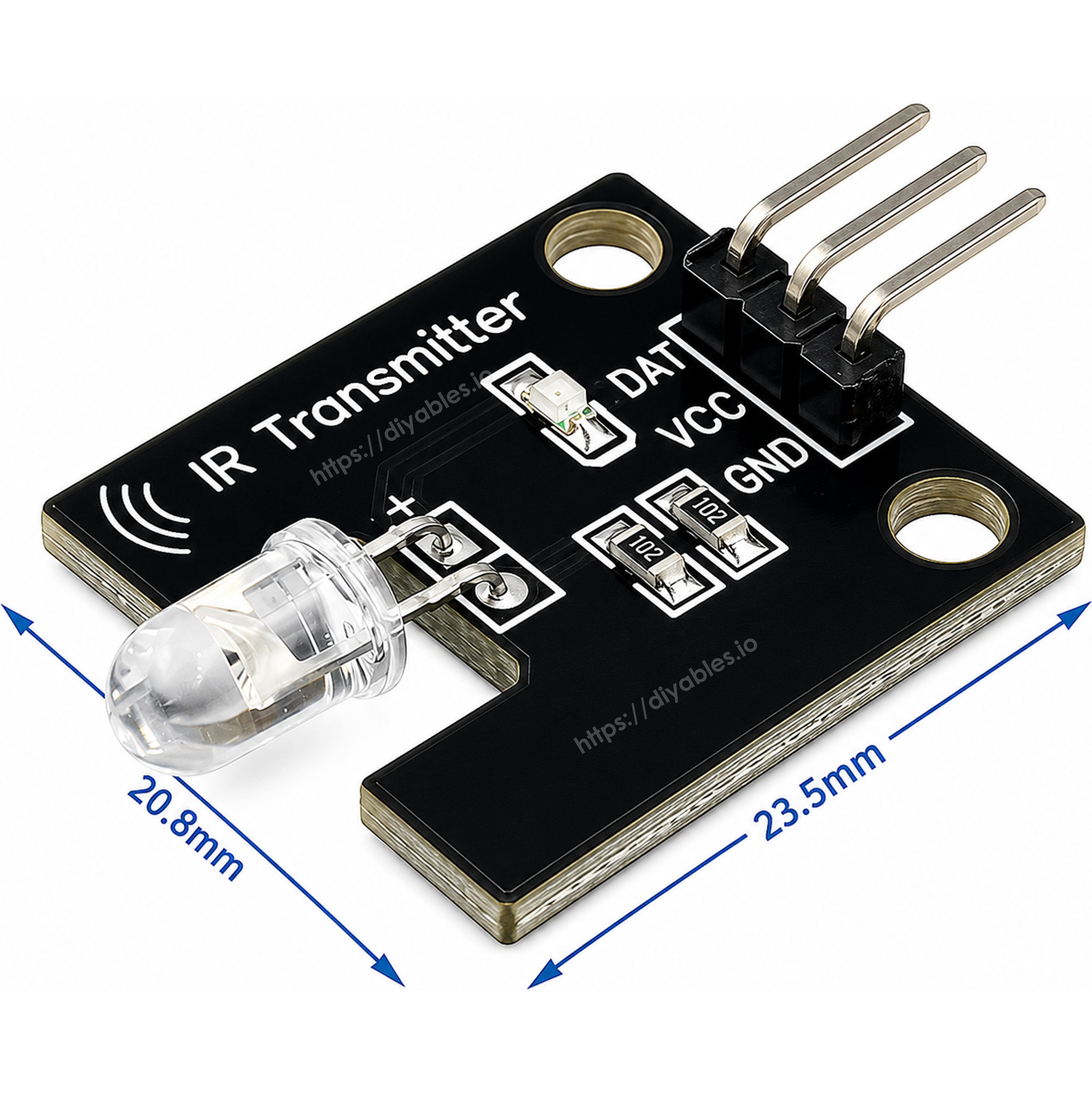IR transmitter module dimensions showing 20.8mm by 23.5mm PCB size with DAT VCC GND pin labels