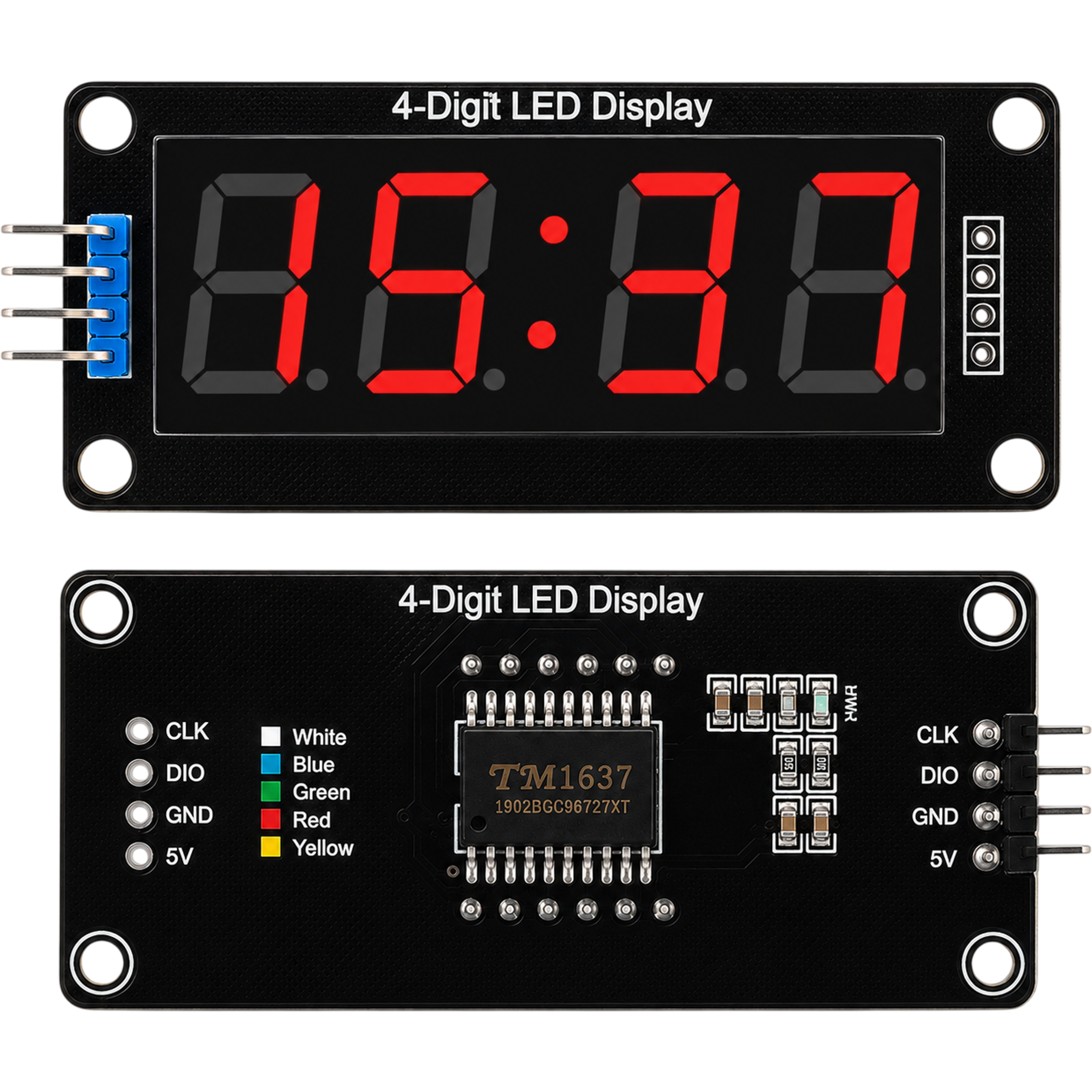 TM1637 4 digit 7 segment display front and back with CLK DIO GND 5V pins