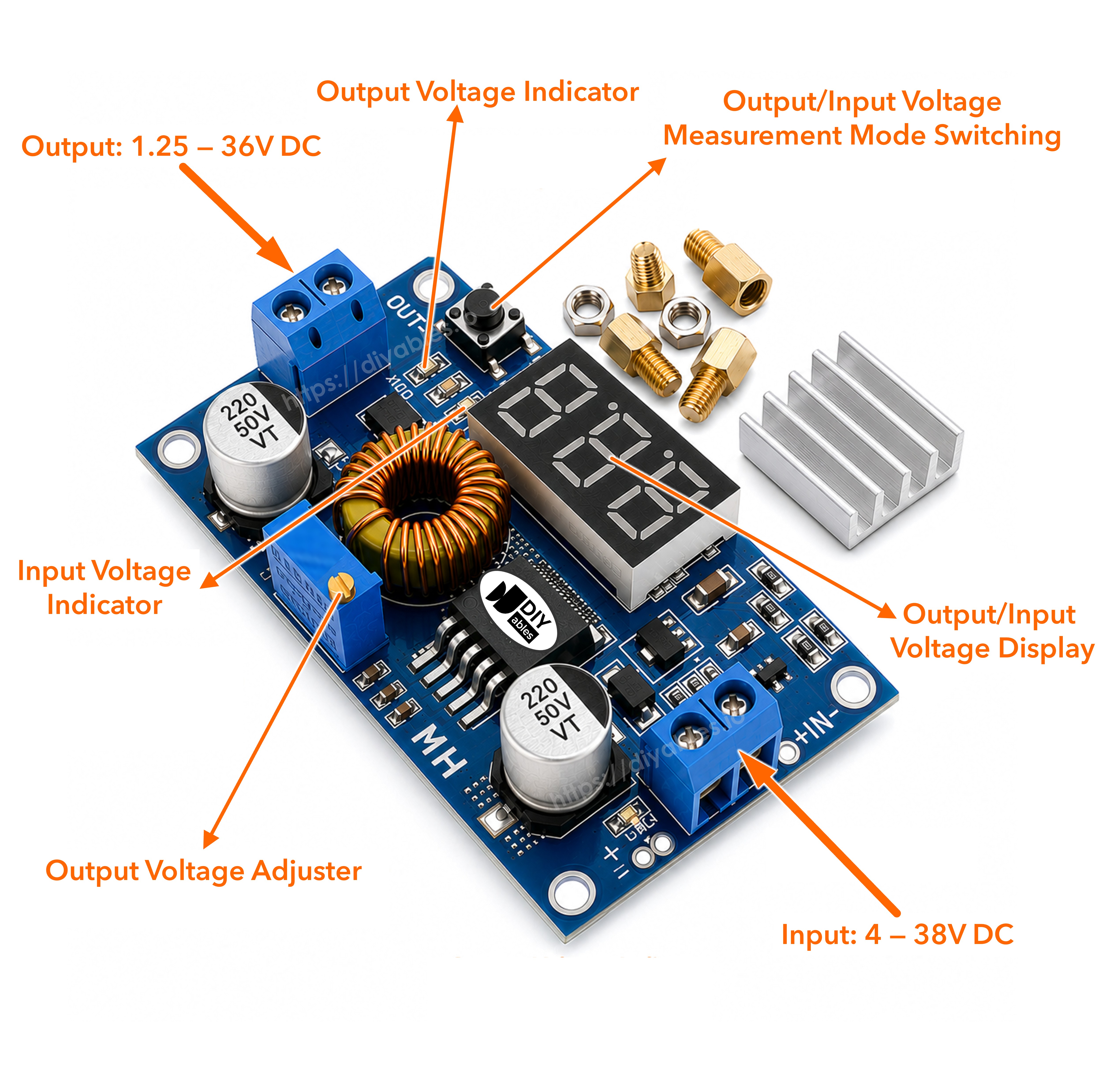 Adjustable voltage regulator 4V-38V input 1.25V-36V output with LED display for Raspberry Pi