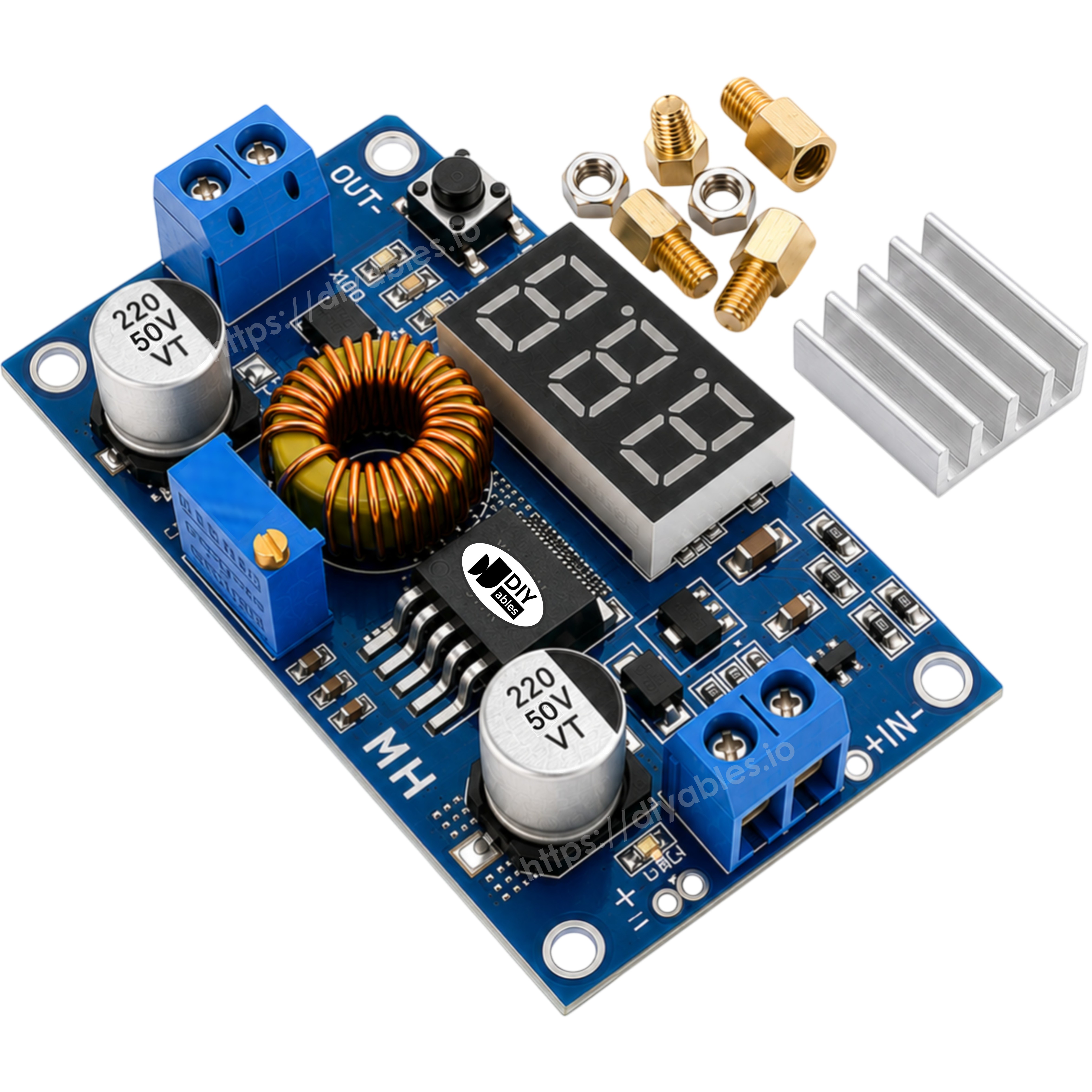 75W high efficiency step down power supply board close-up showing terminals and potentiometer