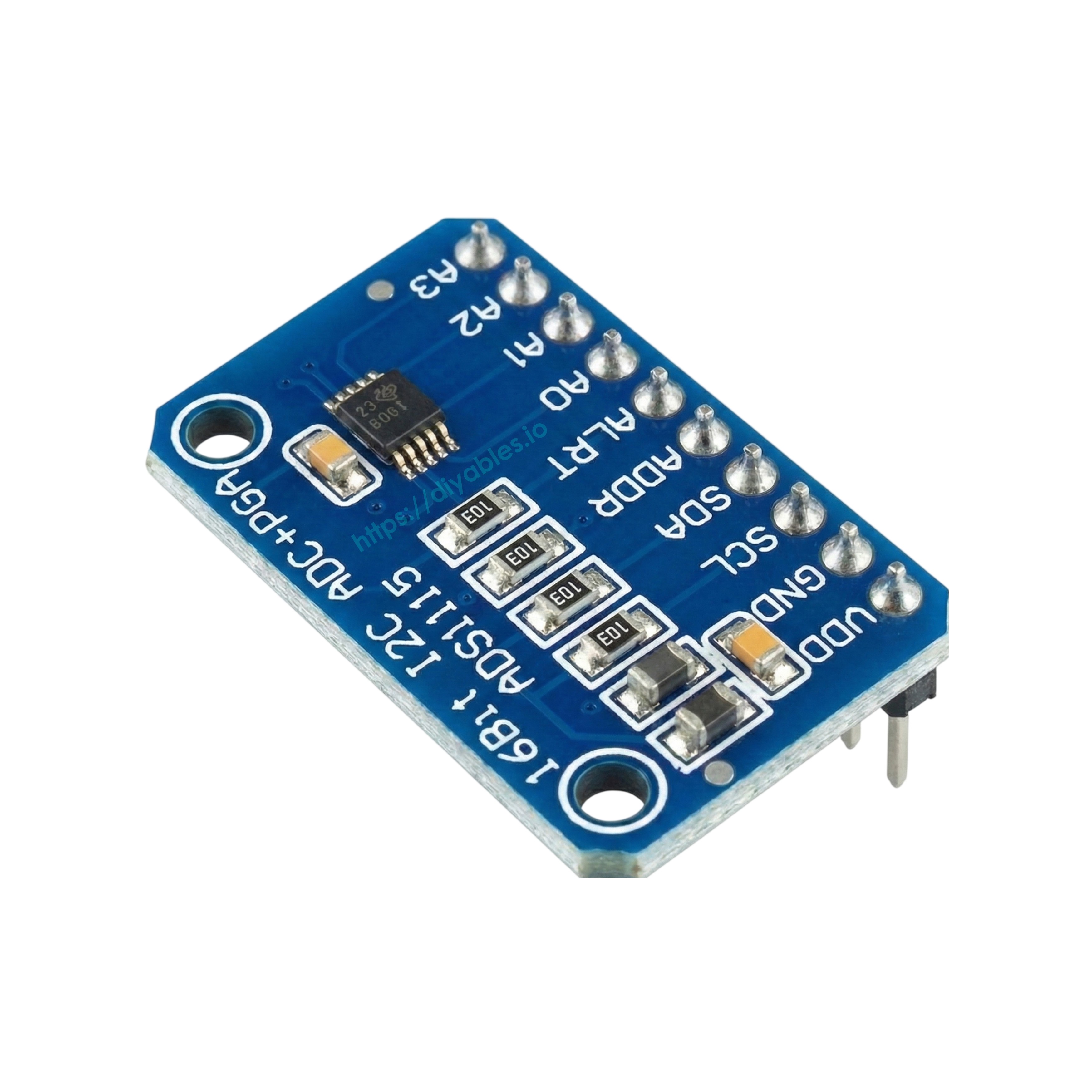 Presoldered ADS1115 ADC module with pin headers attached for easy connection