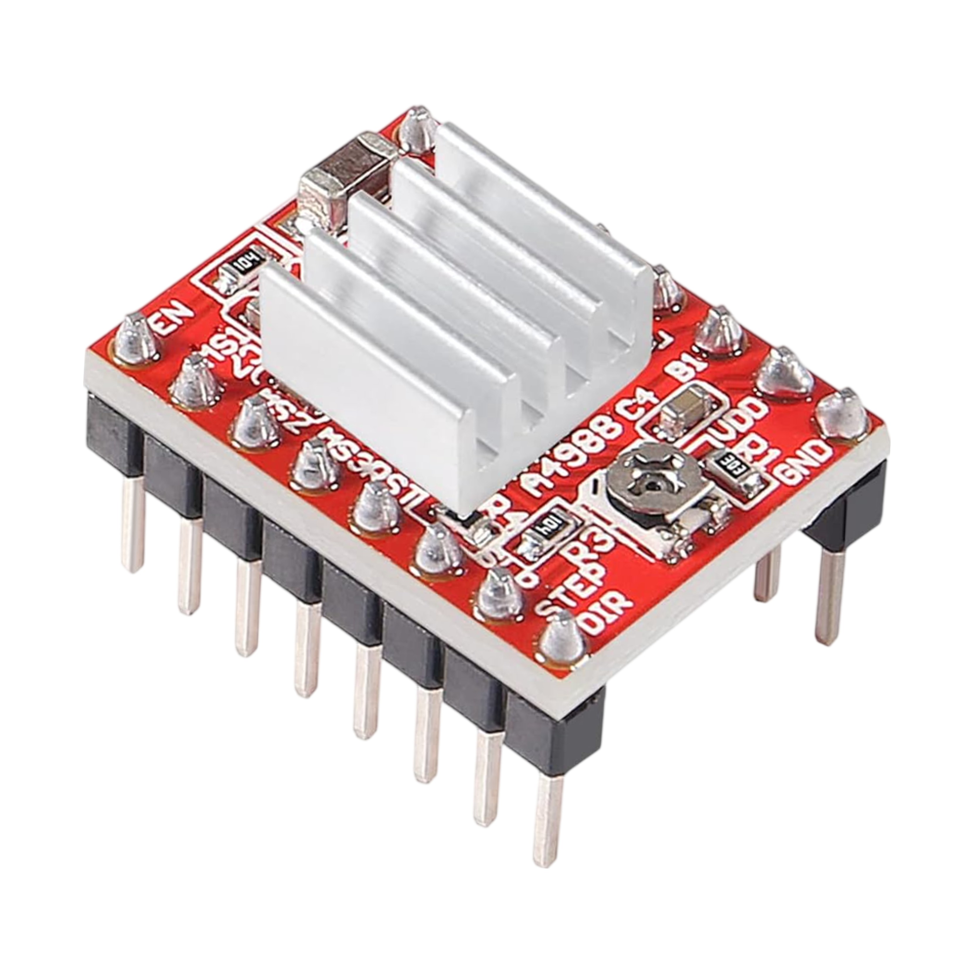 Presoldered A4988 driver showing pin configuration and microstepping controls