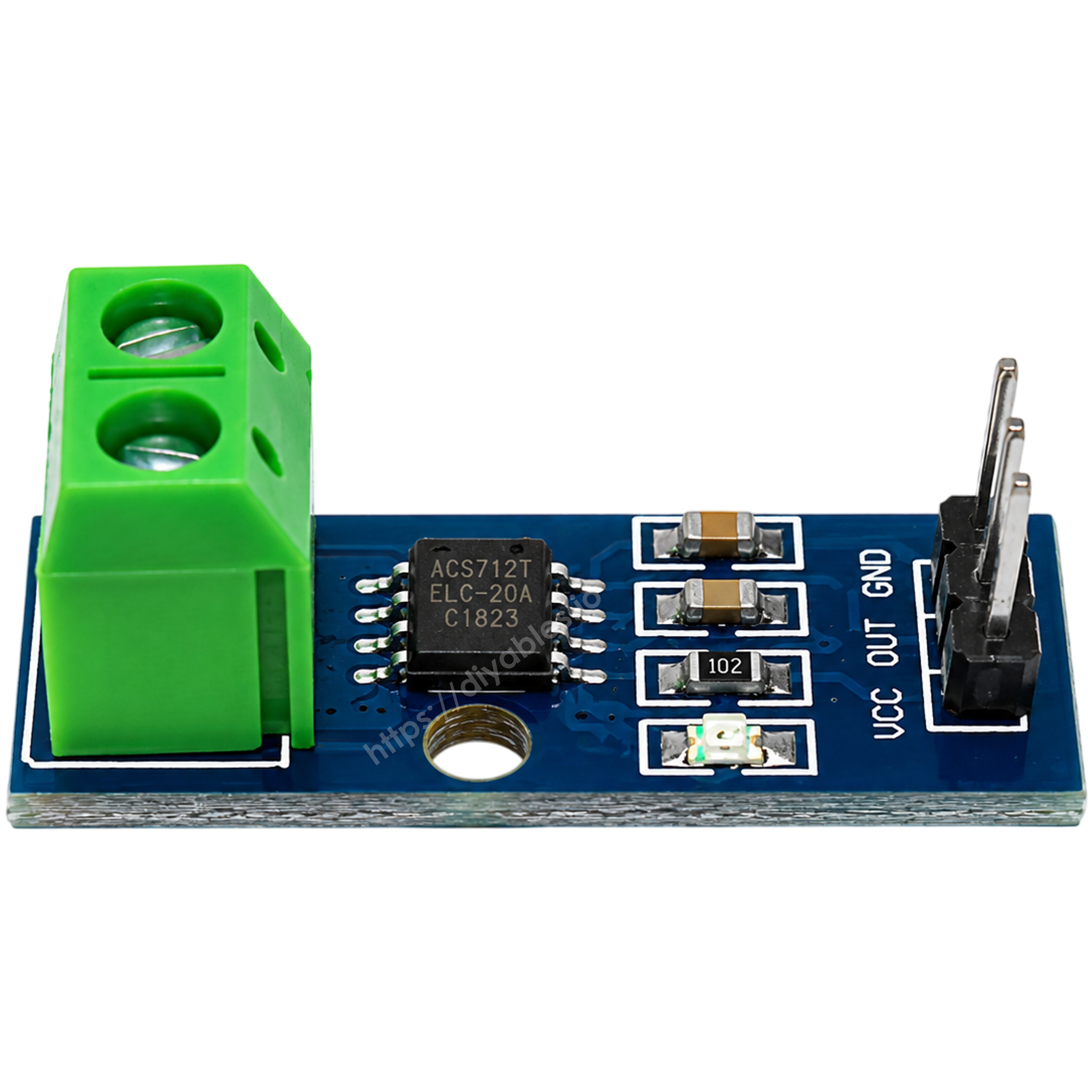 ACS712ELC-30A current sensor module pinout showing VCC GND and analog output pins