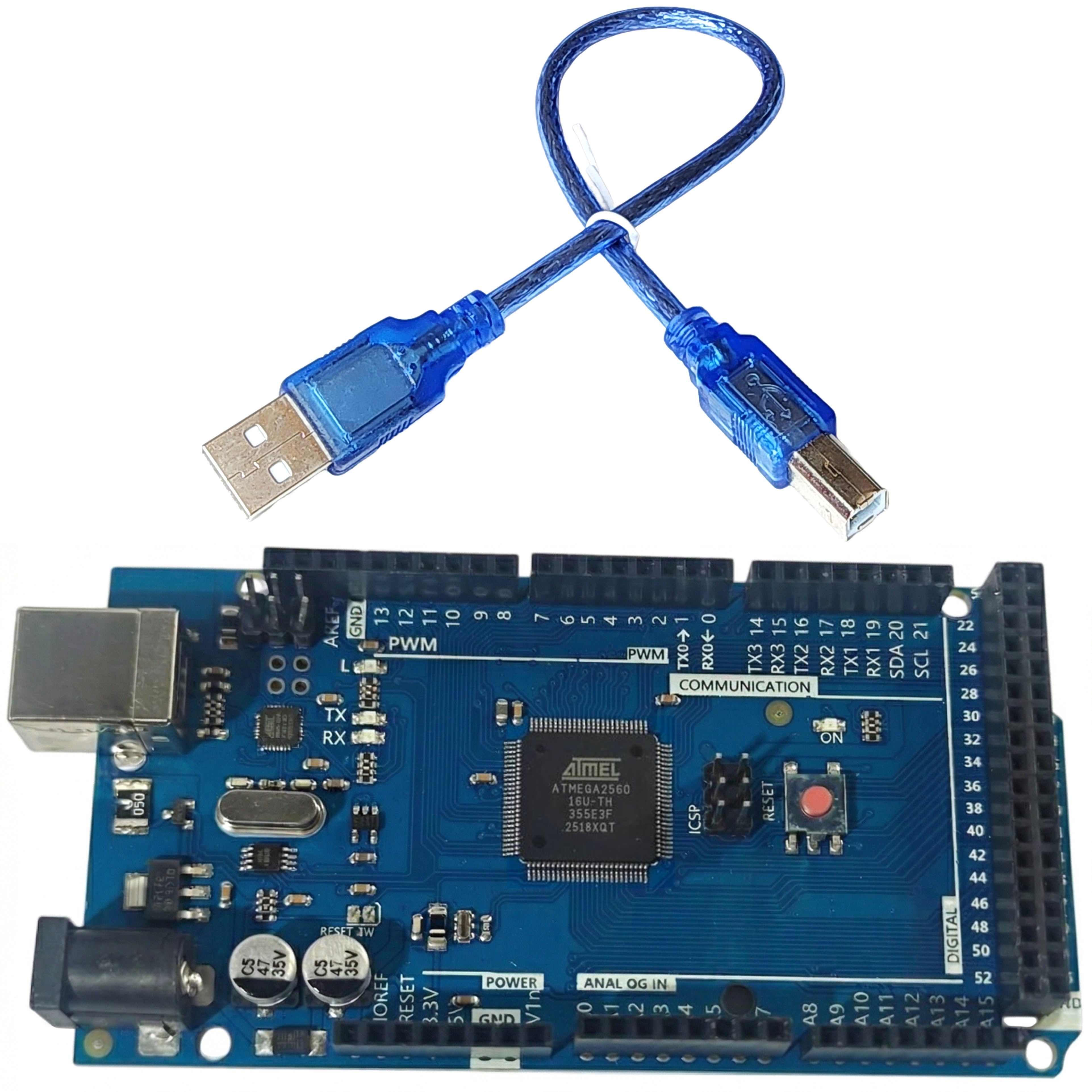Arduino Mega 2560 compatible board top view showing ATmega2560 and ATmega16U2 chips