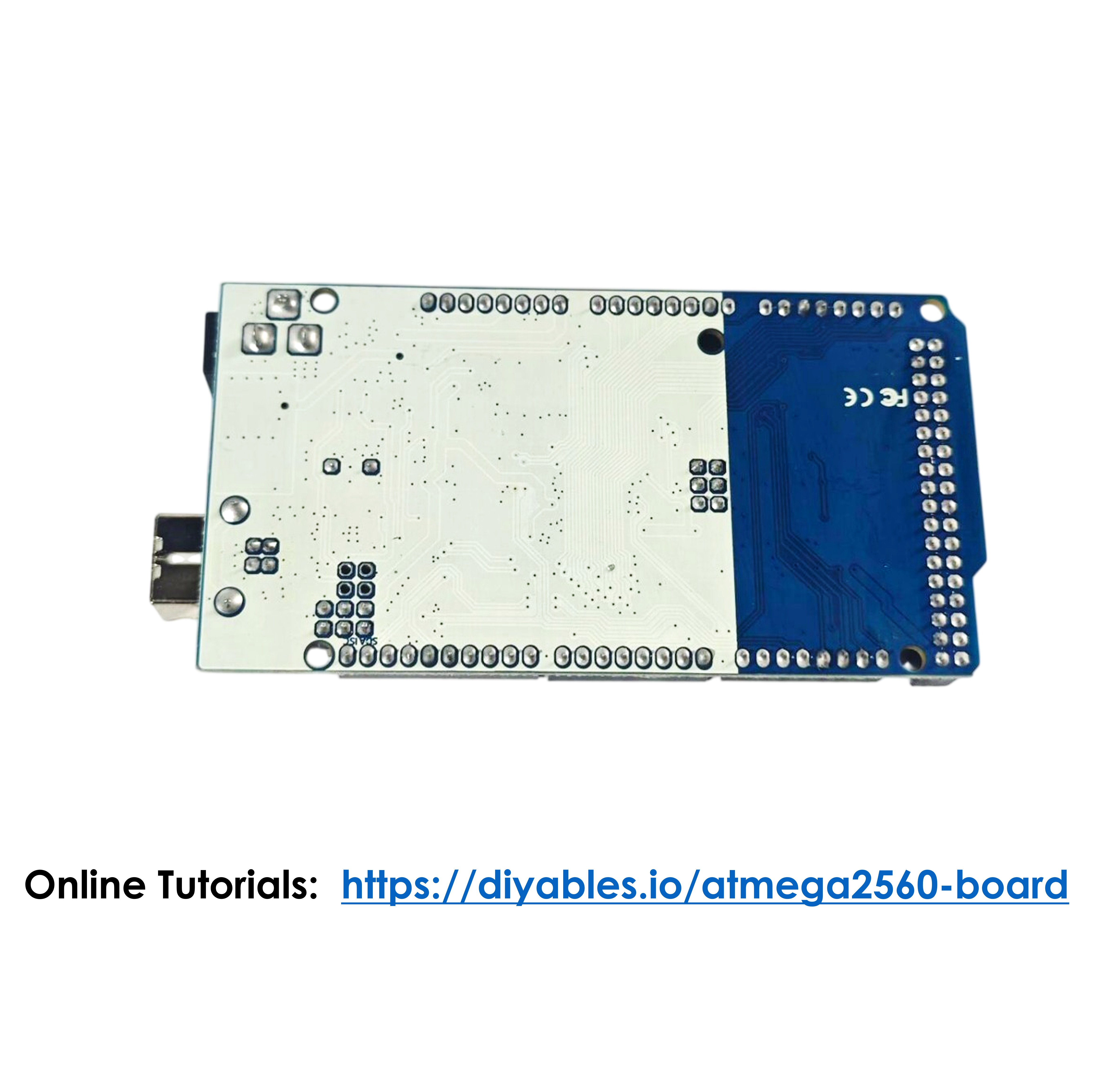 MEGA2560 R3 board with USB port and power jack for programming and power