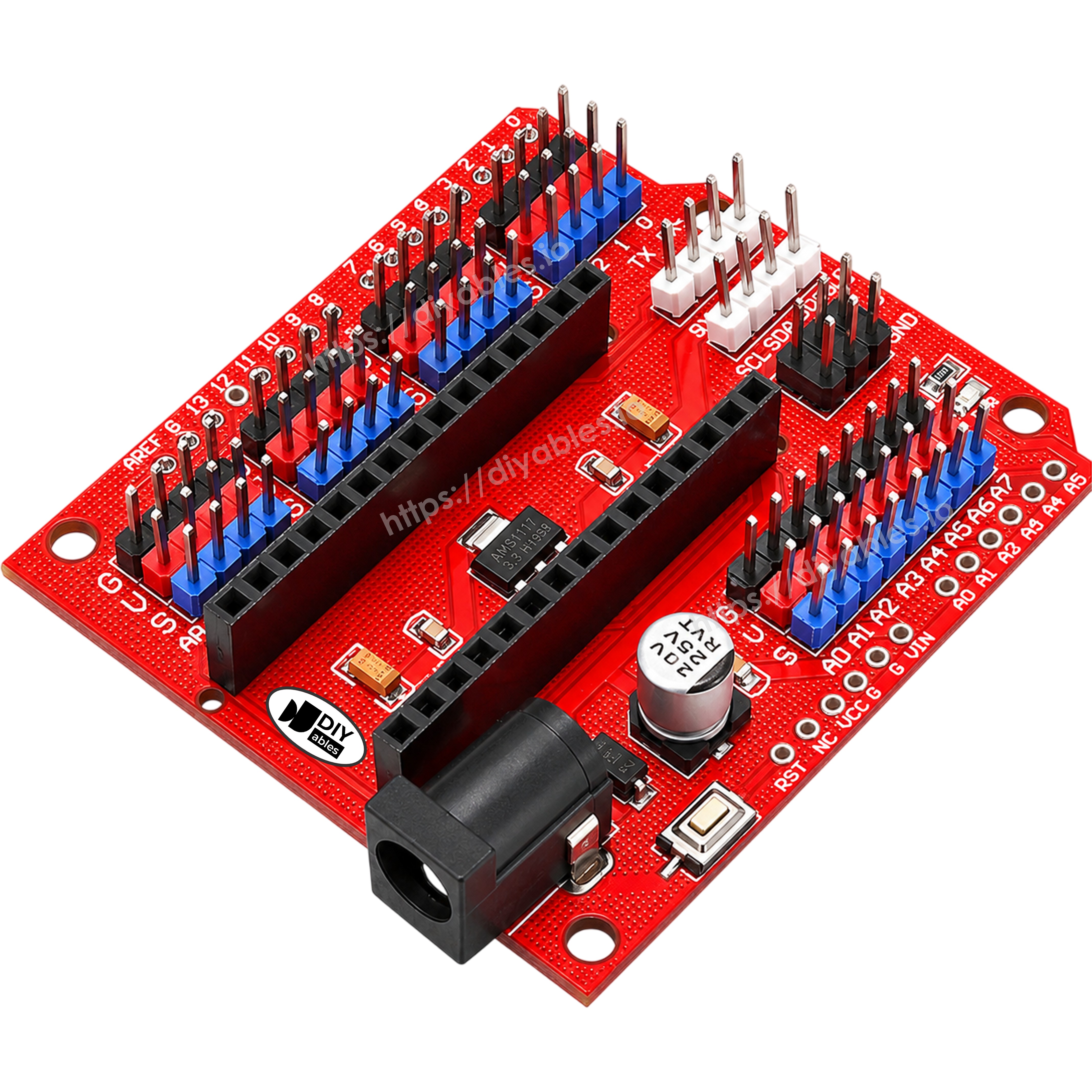 Arduino Nano expansion board with 14 servo-type I/O pins GND power and signal layout