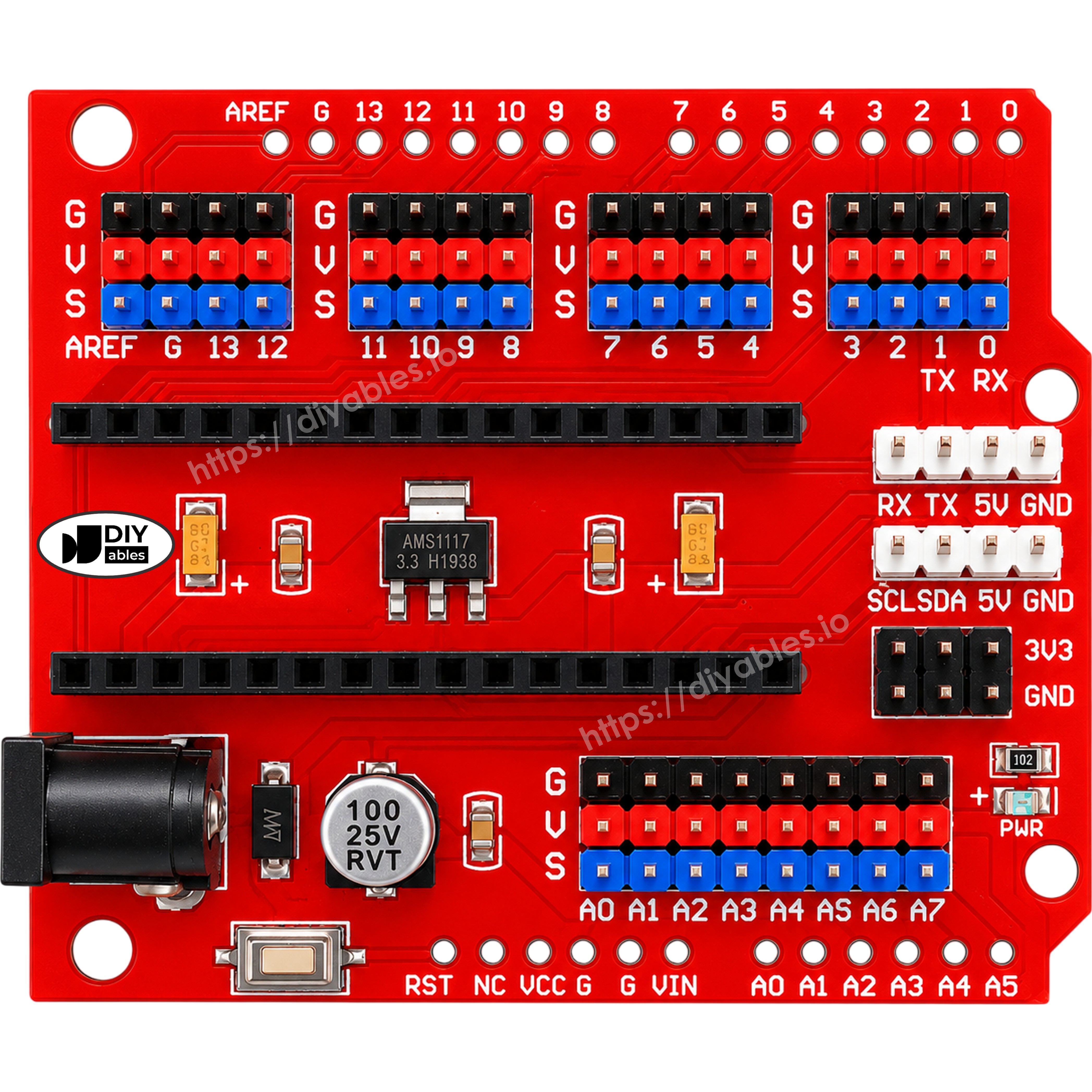 DIYables Arduino Nano breakout board with 6 PWM pins and DC servo power input