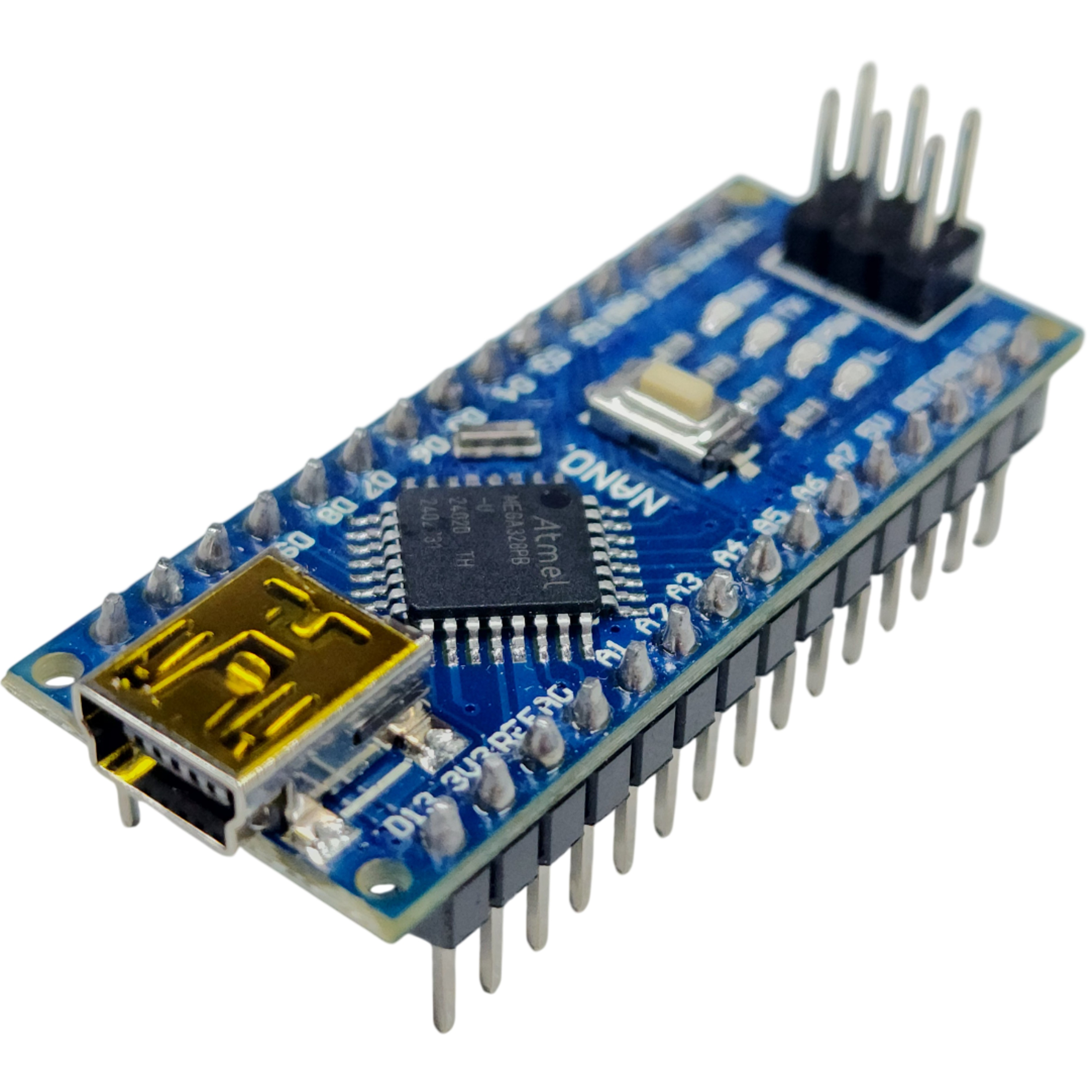 Arduino Nano compatible board top view showing ATmega328P chip and pin layout