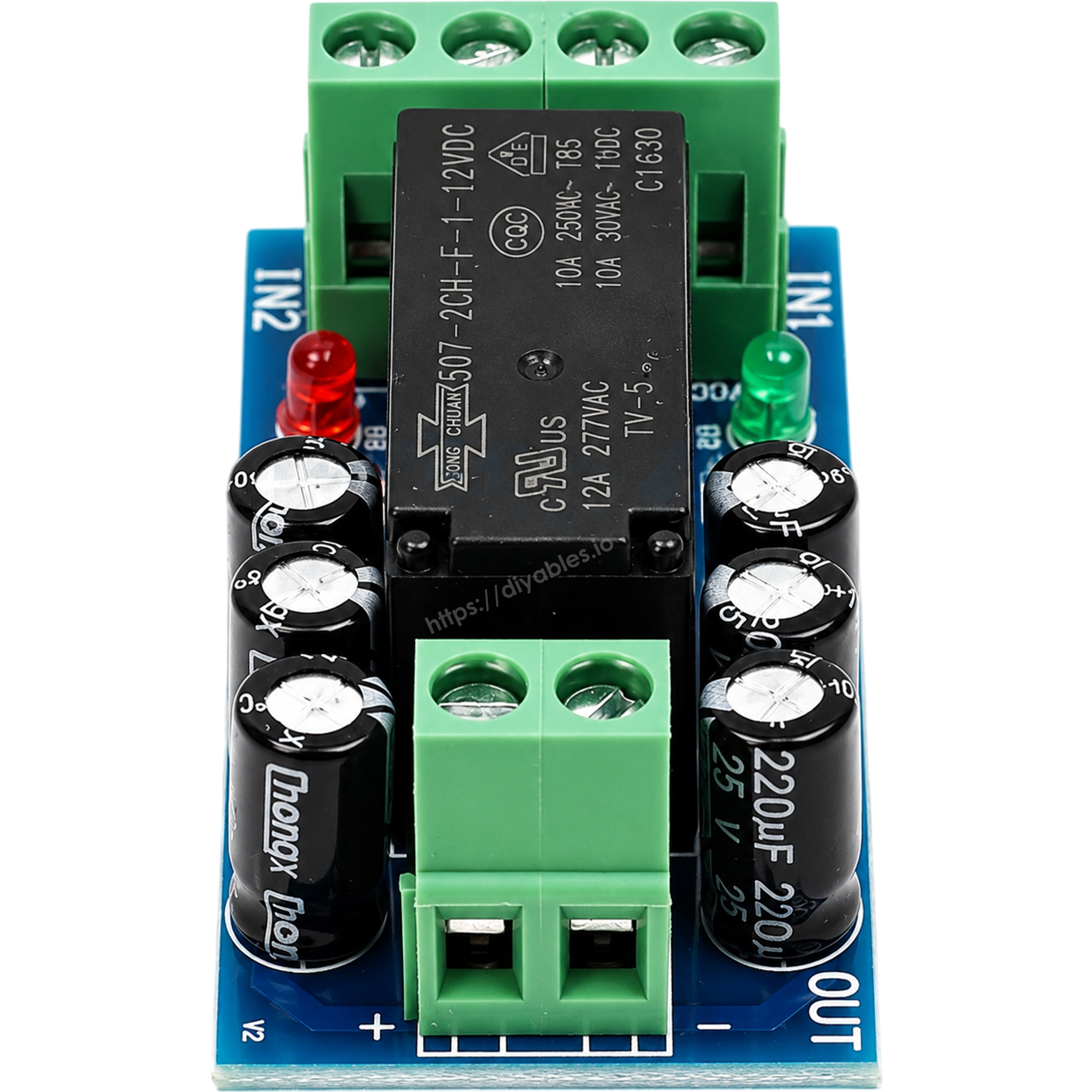 XH-M350 automatic backup battery switching module front view with green screw terminals and relay