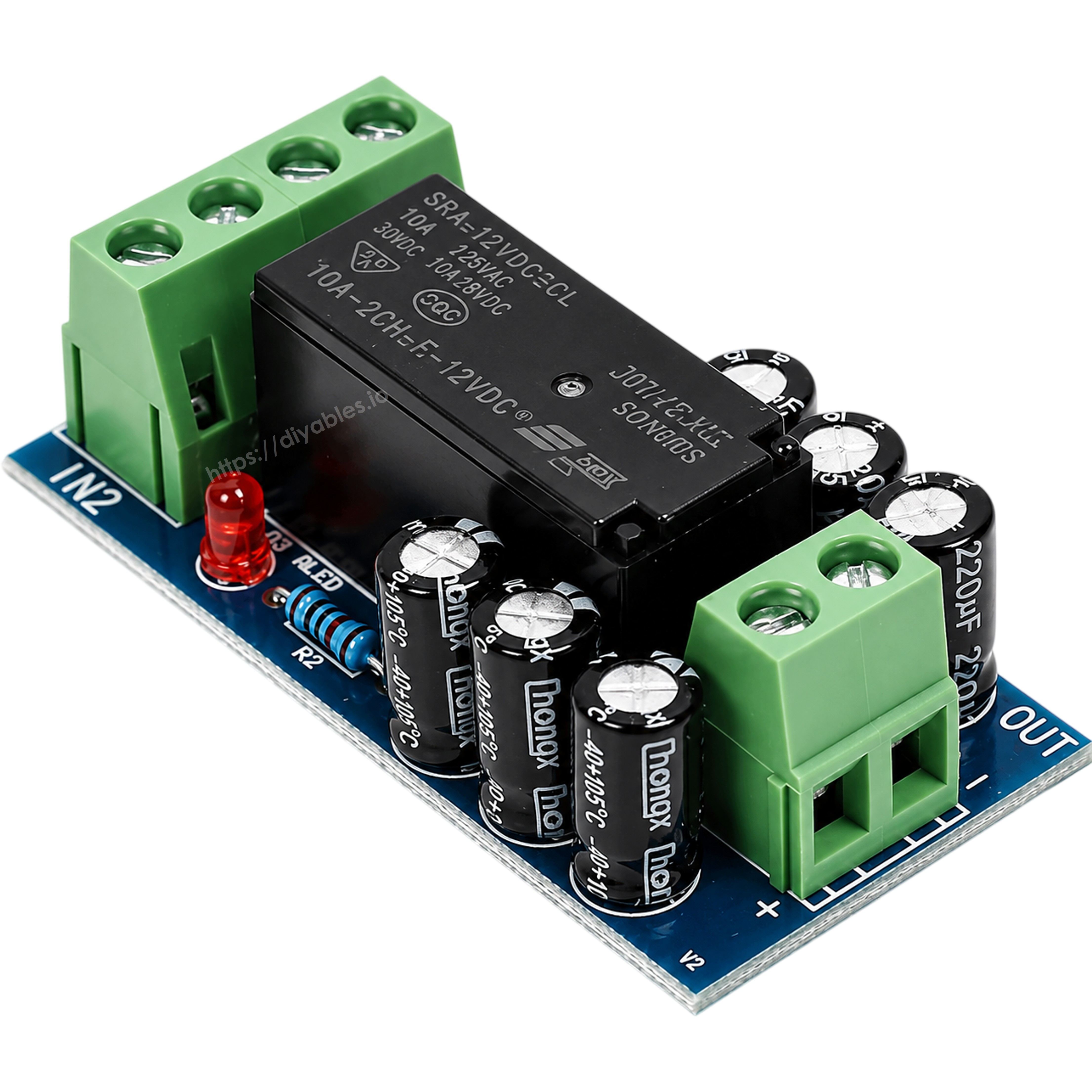 XH-M350 module angled view showing IN2 input and OUT load screw terminal blocks