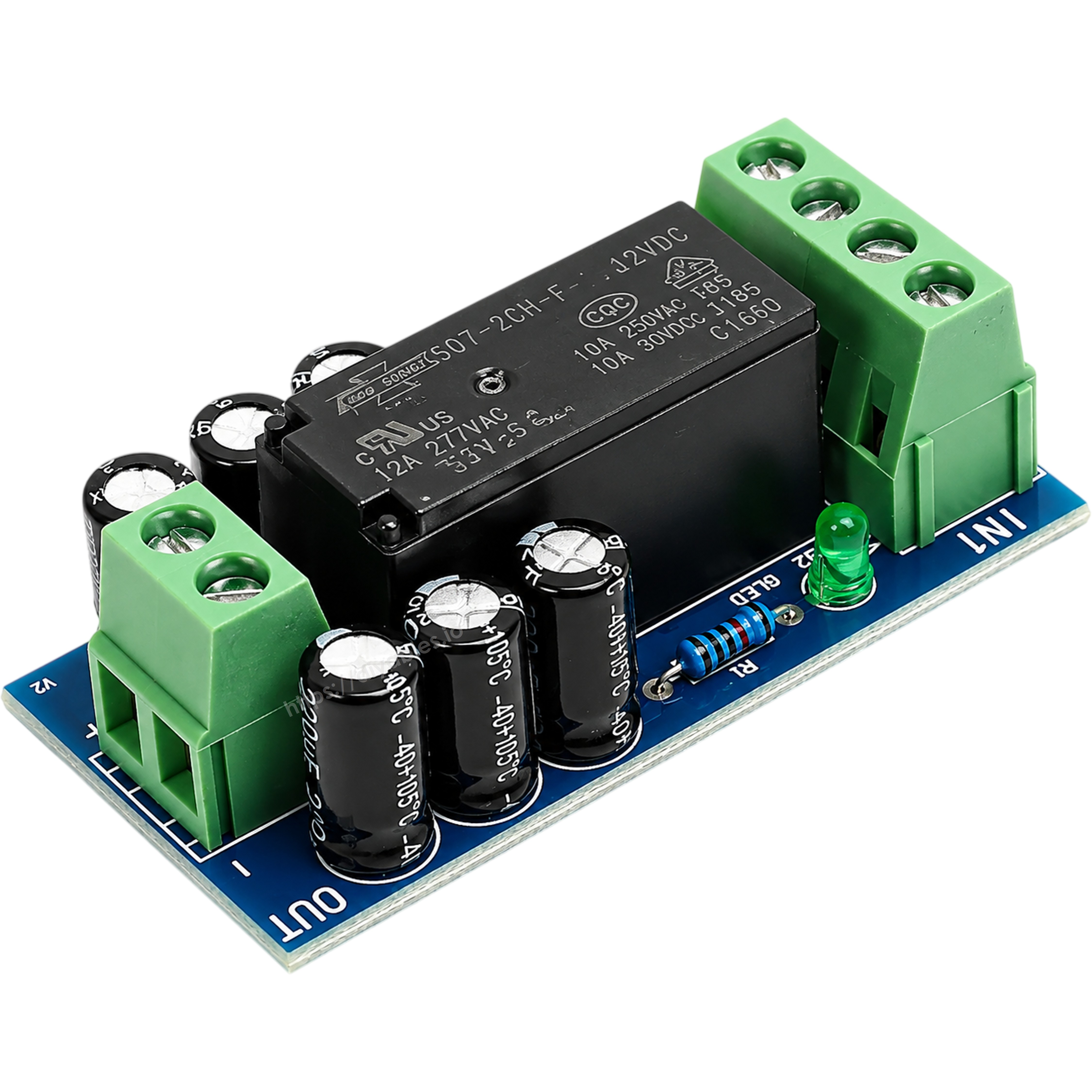 XH-M350 board angled from the IN1 side with green power LED and relay