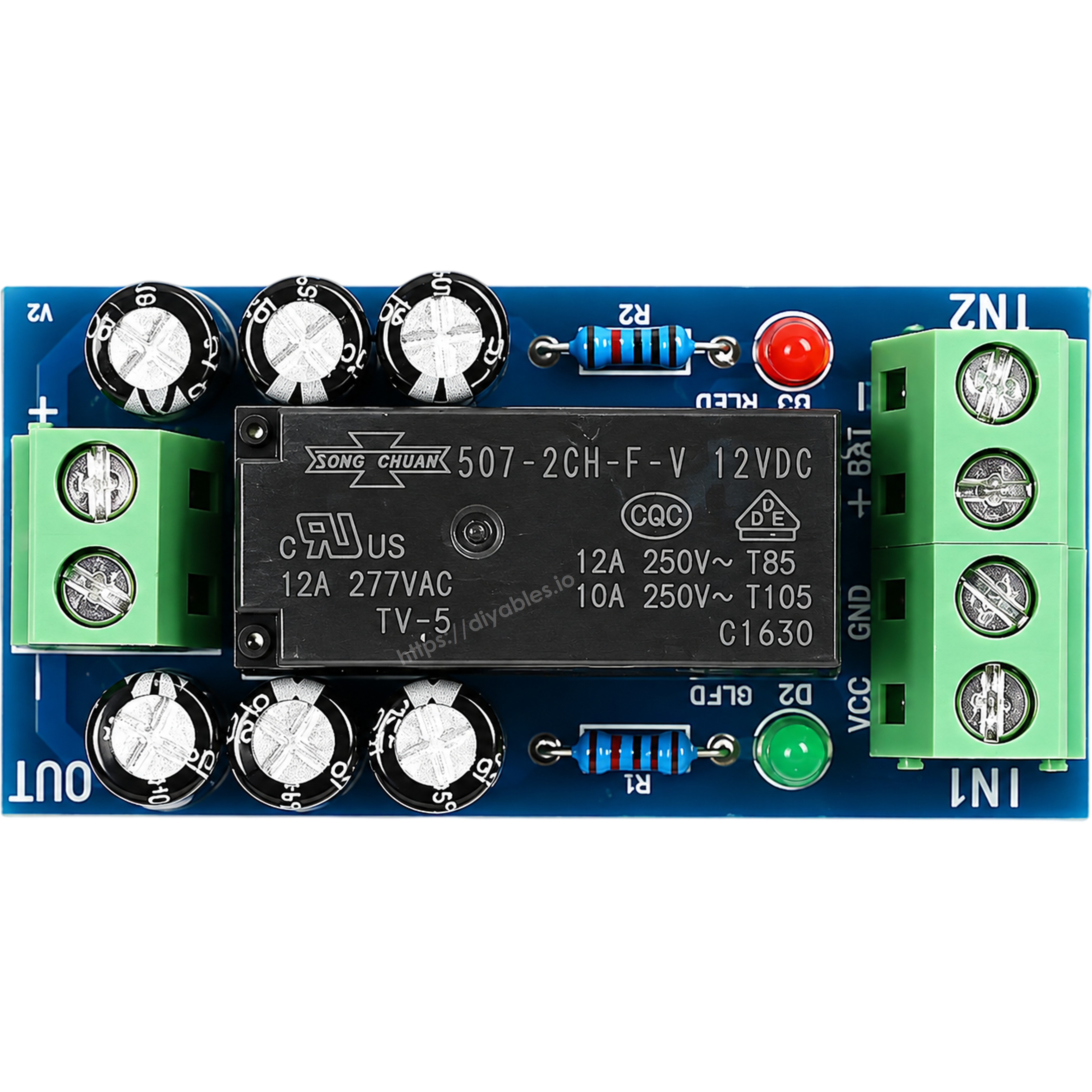 XH-M350 top view with silkscreen labels for VCC GND BAT IN1 IN2 and OUT