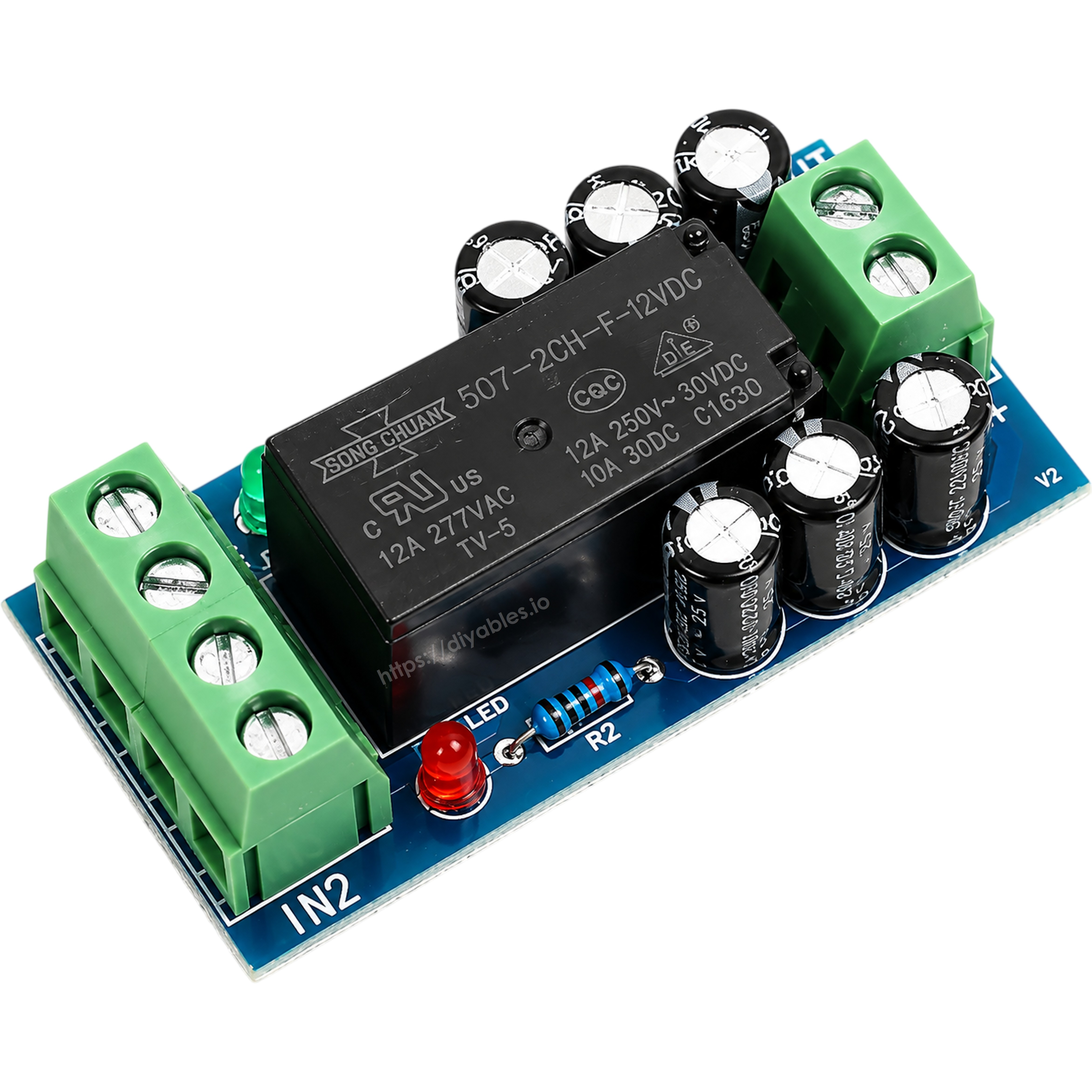 XH-M350 power switchover board angled view with red status LED and four position terminal