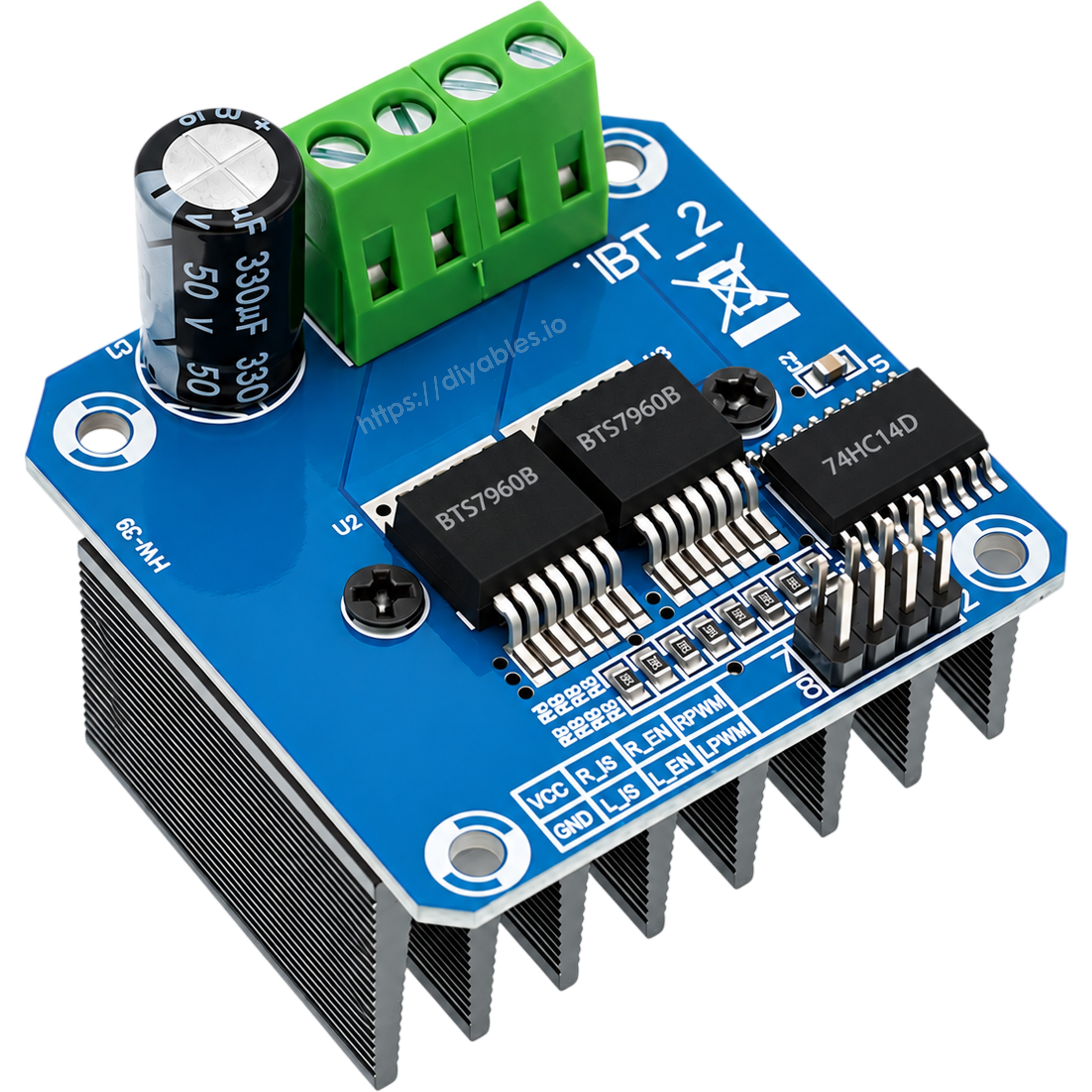 BTS7960 43A motor driver module angled view with dual BTS7960B chips and black heat sink