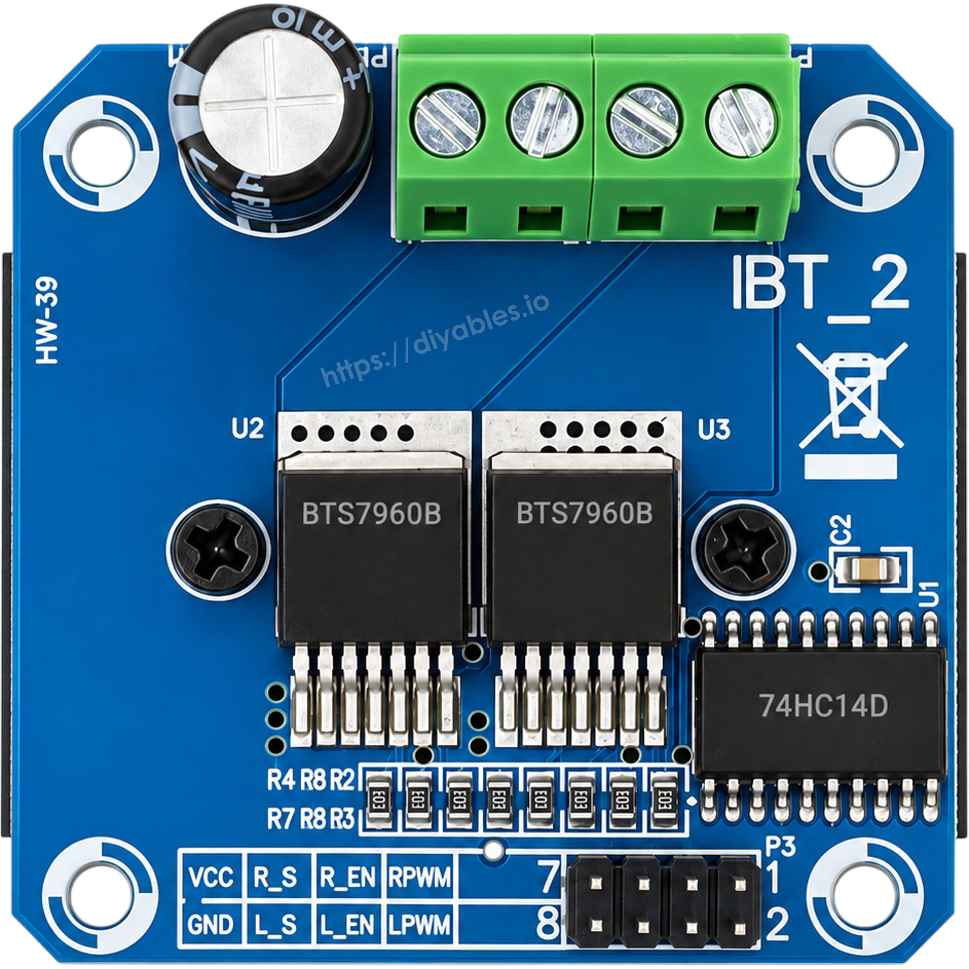 BTS7960 module top view showing labeled VCC GND R_IS L_IS R_EN L_EN RPWM LPWM pins