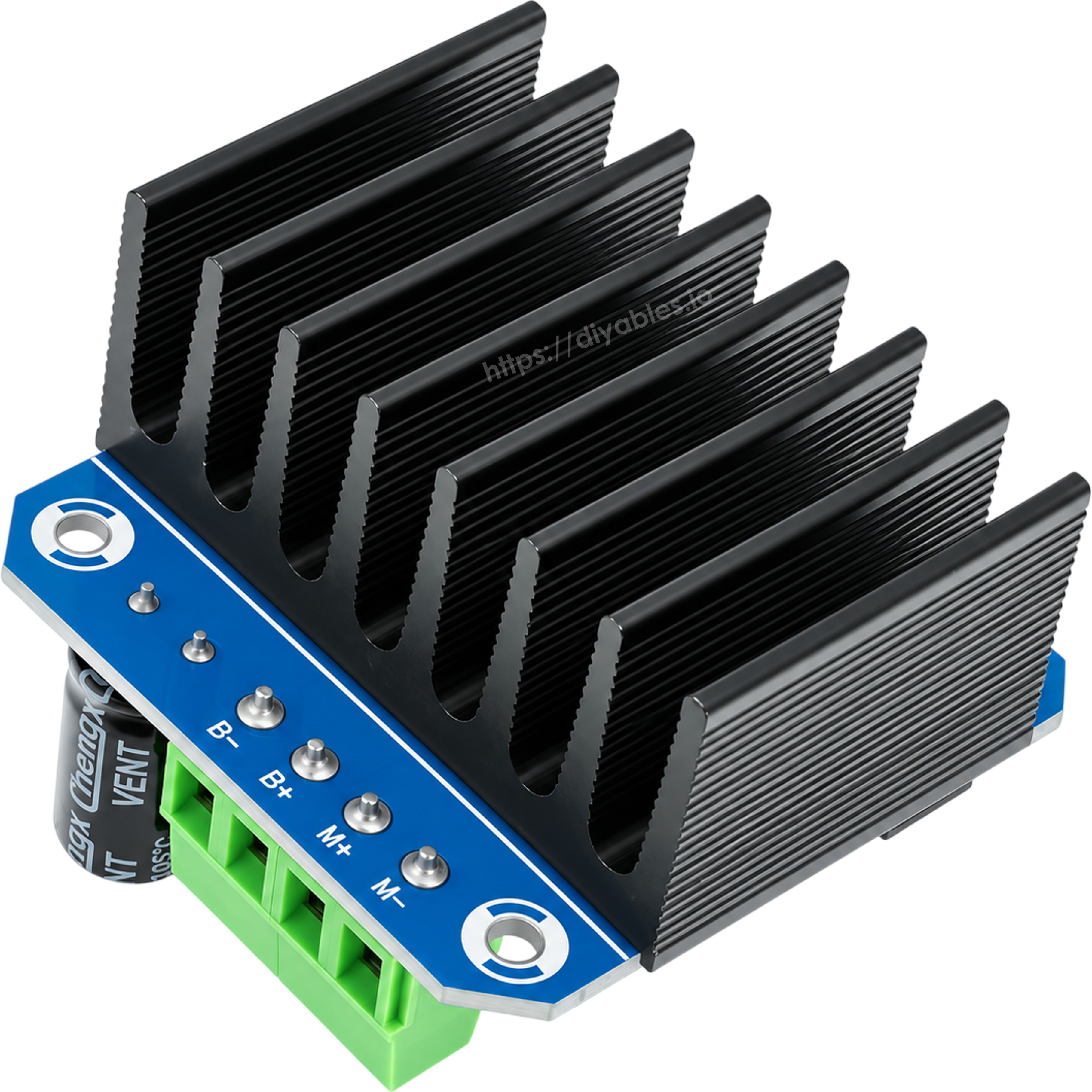 BTS7960 driver side view showing tall heat sink fins and B+ B- M+ M- terminals