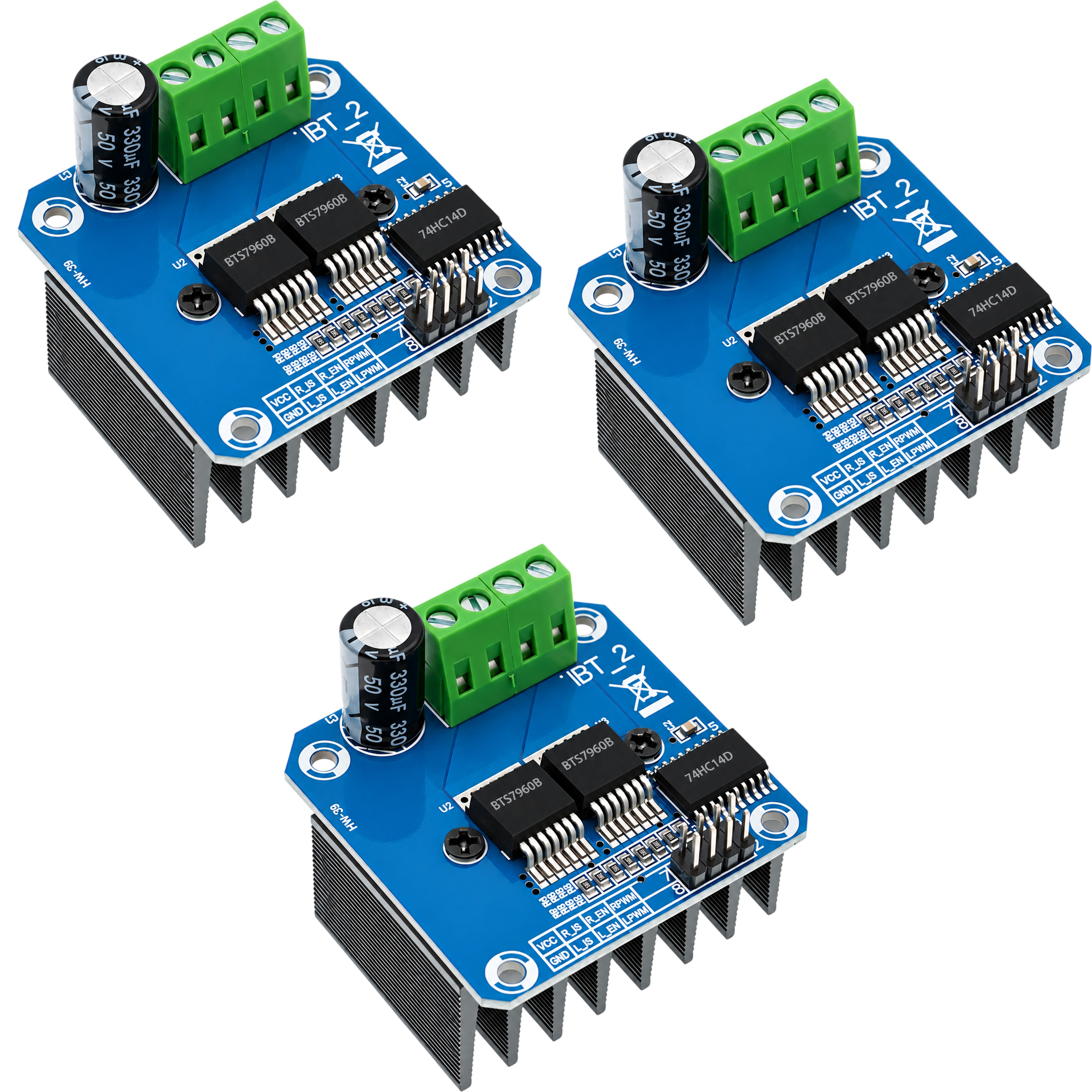 Three BTS7960 43A motor driver modules included in the 3 pack set