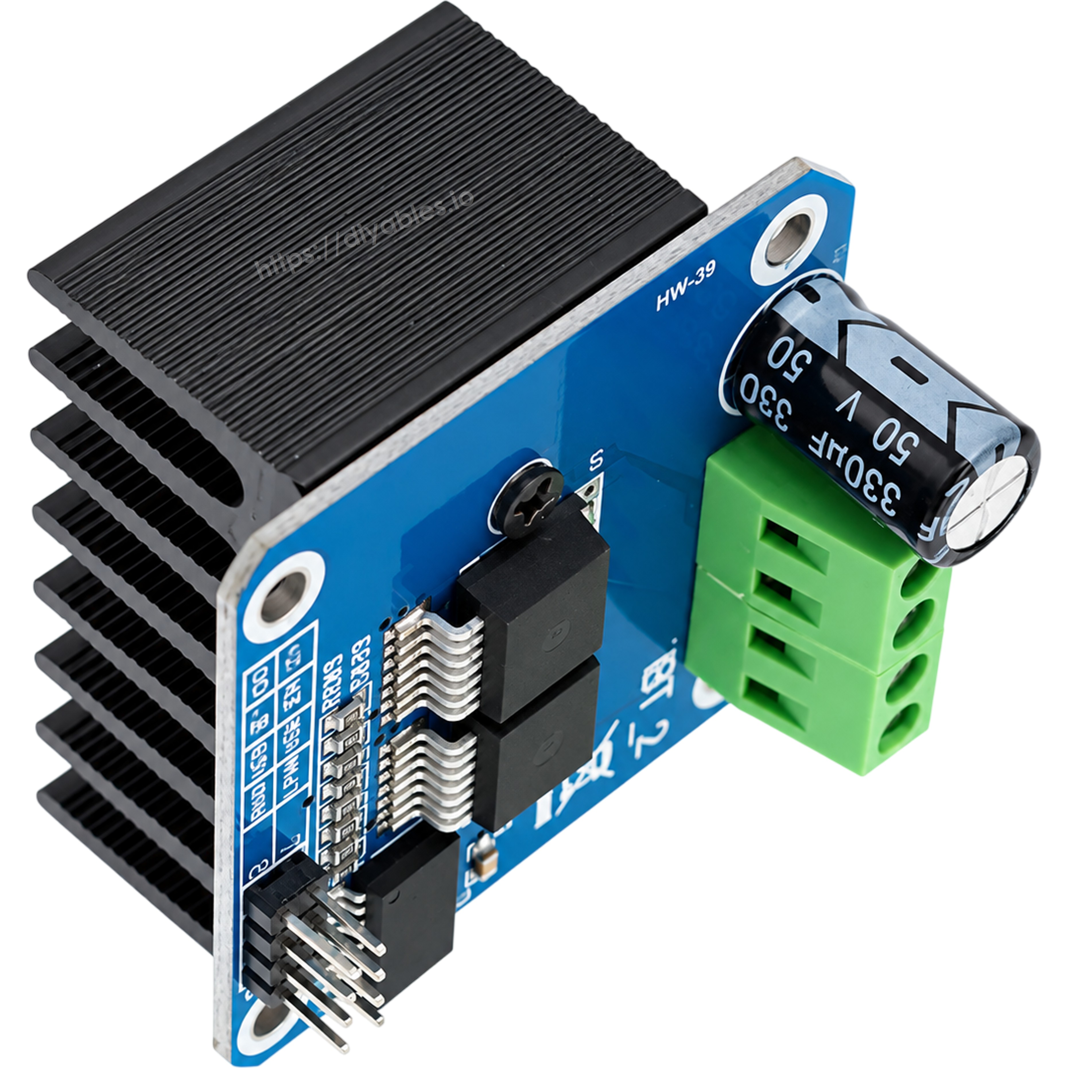 BTS7960 module rear angle showing heat sink, filter capacitor and green screw terminal block