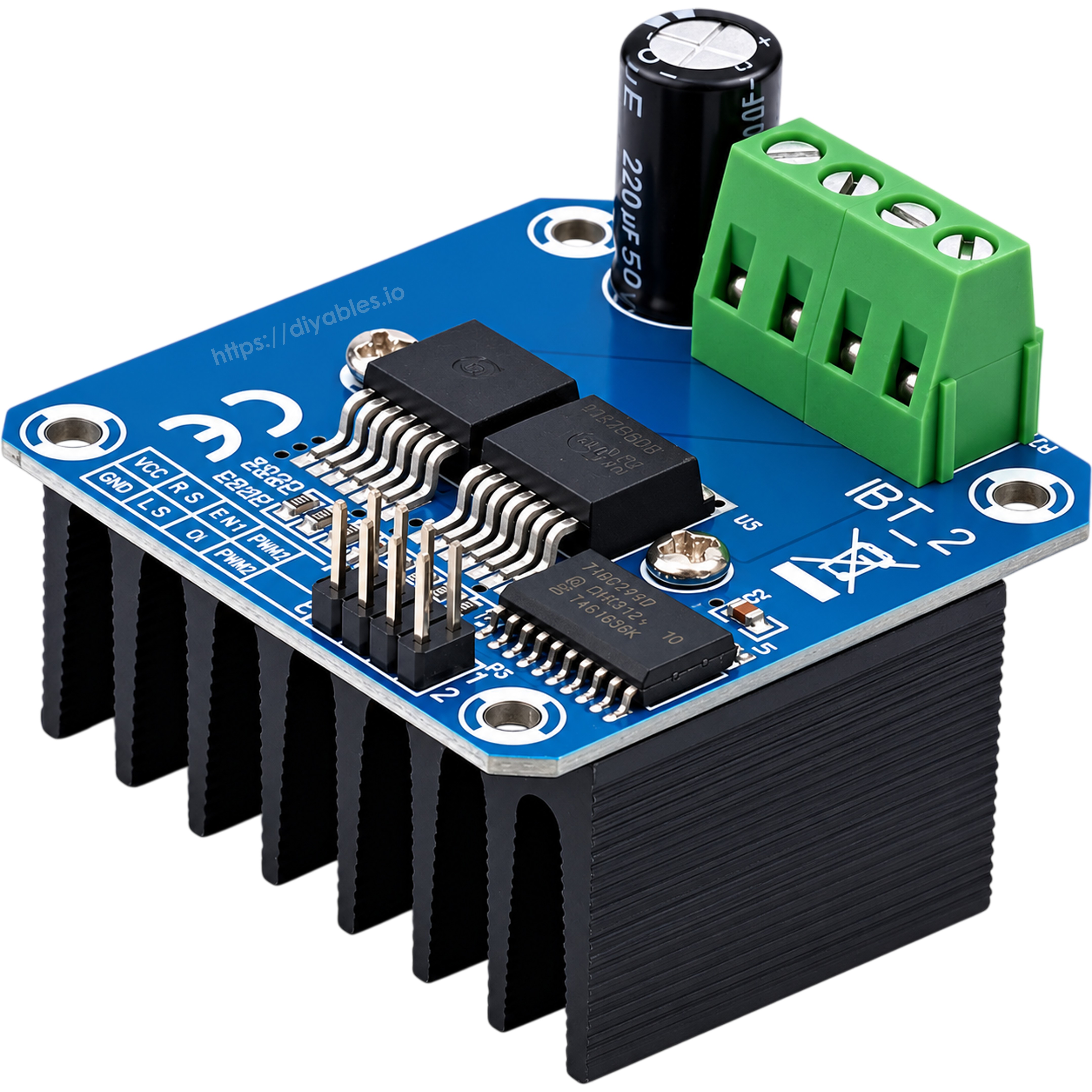BTS7960 IBT_2 driver module angled view with control pin header and heat sink