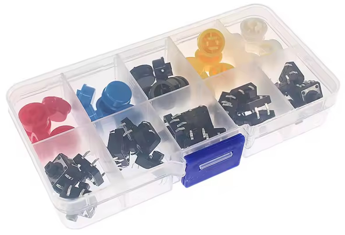 Angled view of the closed storage box with all five cap colors visible through the lid