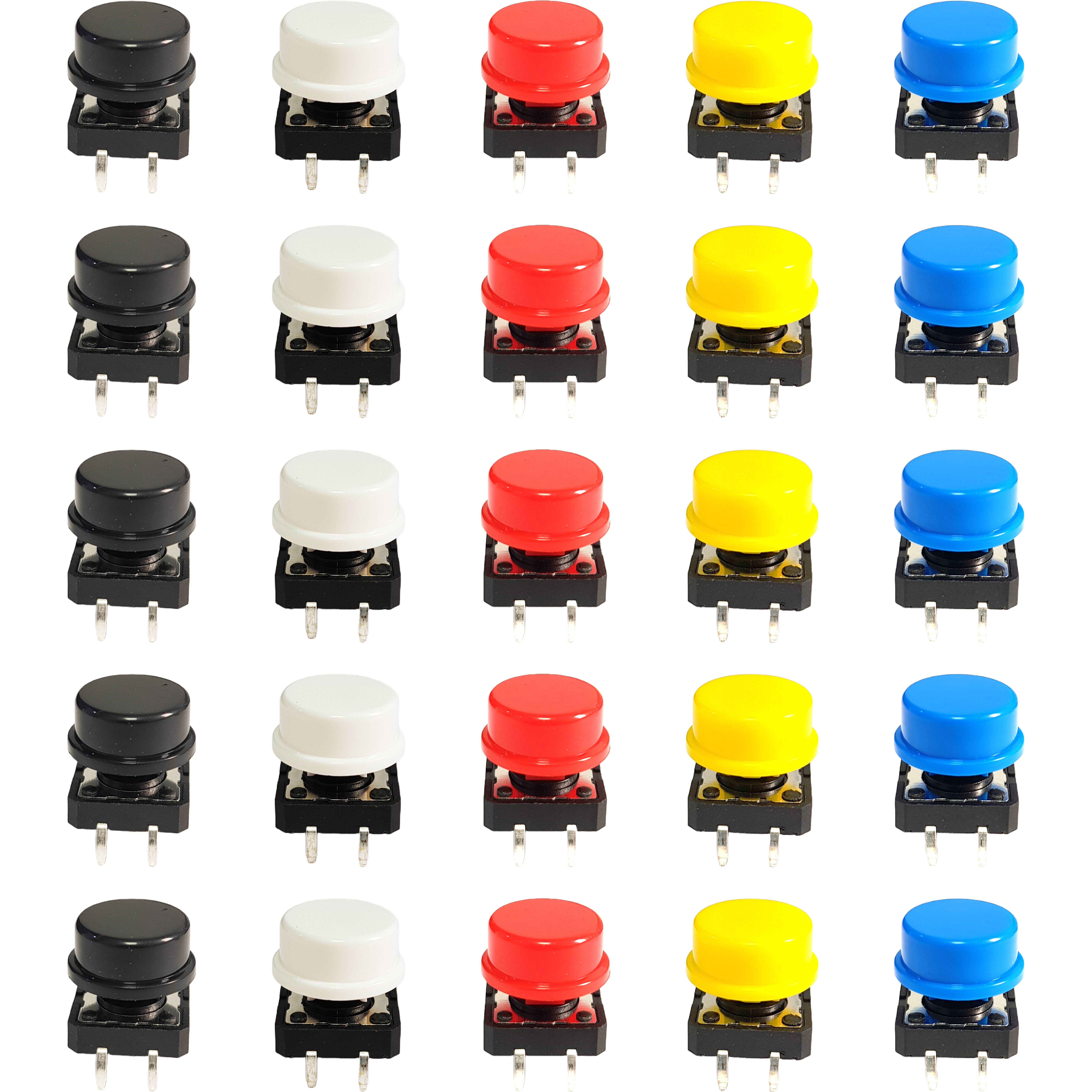 Twenty five tactile push buttons with caps in black white red yellow and blue