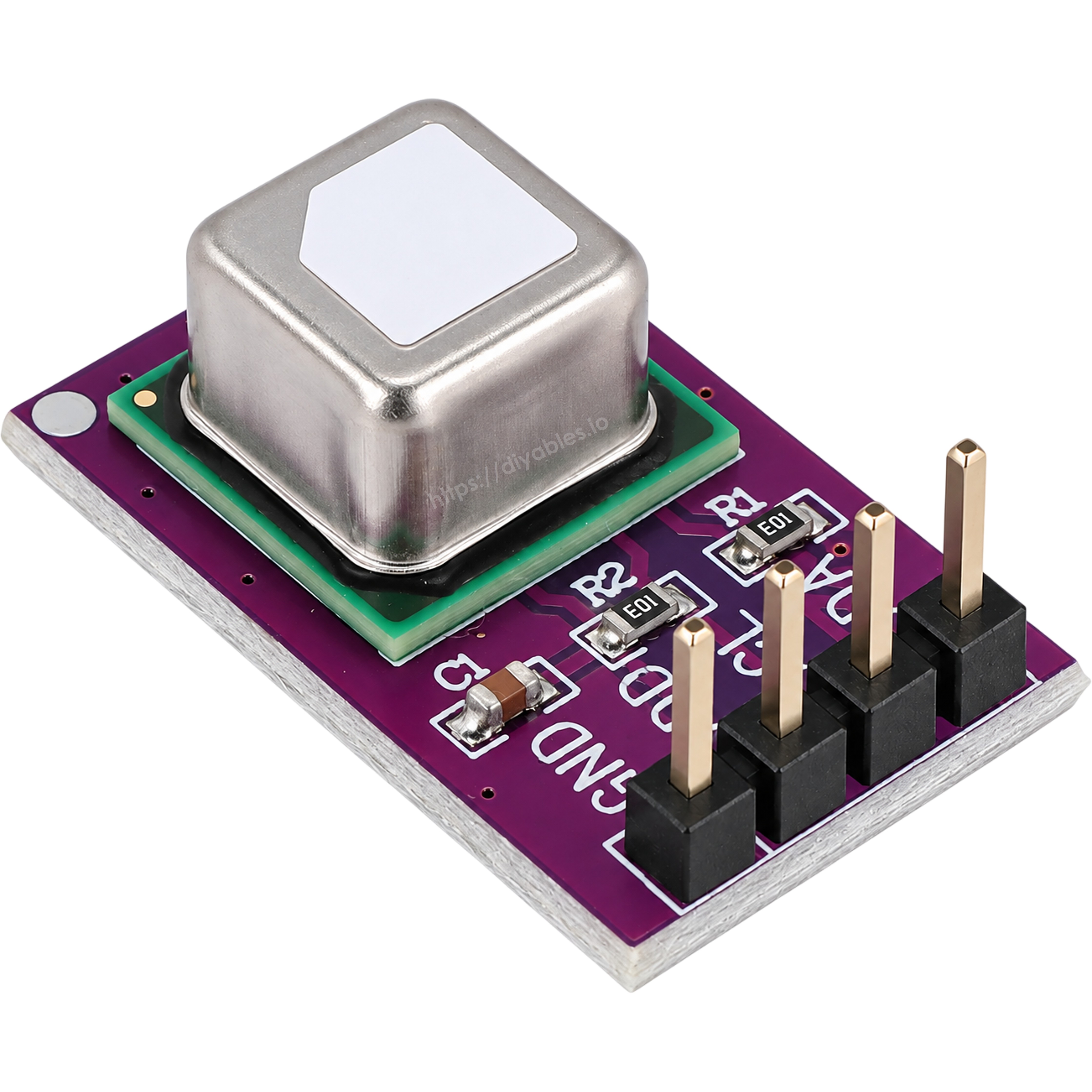SCD40 carbon dioxide sensor breakout angled view showing sensor package and gold plated pins